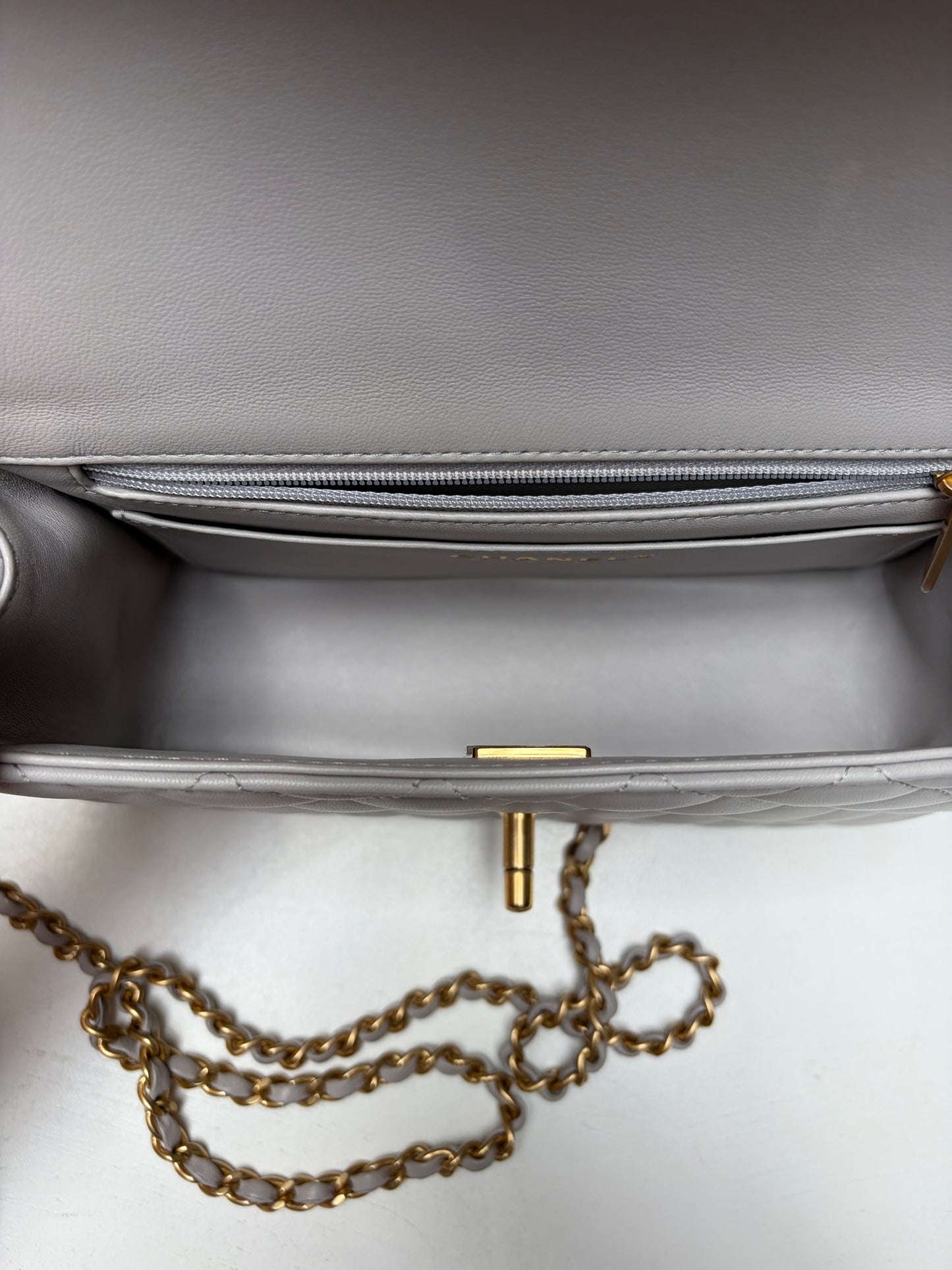 Chanel Light Grey Mini Flap COCO Mademoiselle Gold Hardware