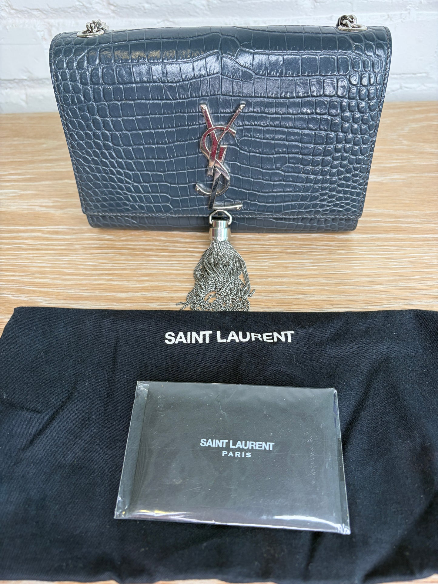 Saint Laurent Kate Crossbody Croc-Embossed Keather