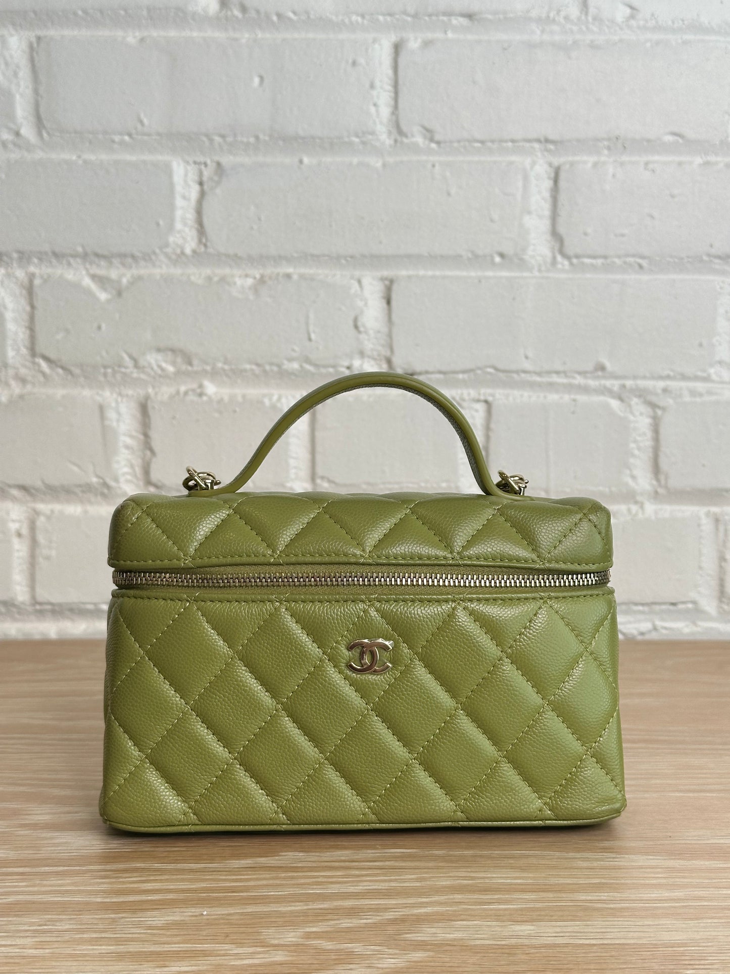 Chanel Caviar Quilted Top Handle Slim Vanity Case Khaki Green