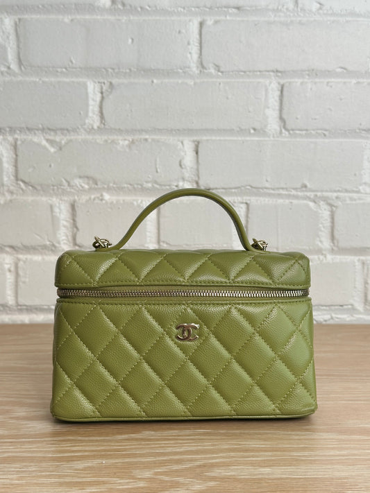 Chanel Caviar Quilted Top Handle Slim Vanity Case Khaki Green
