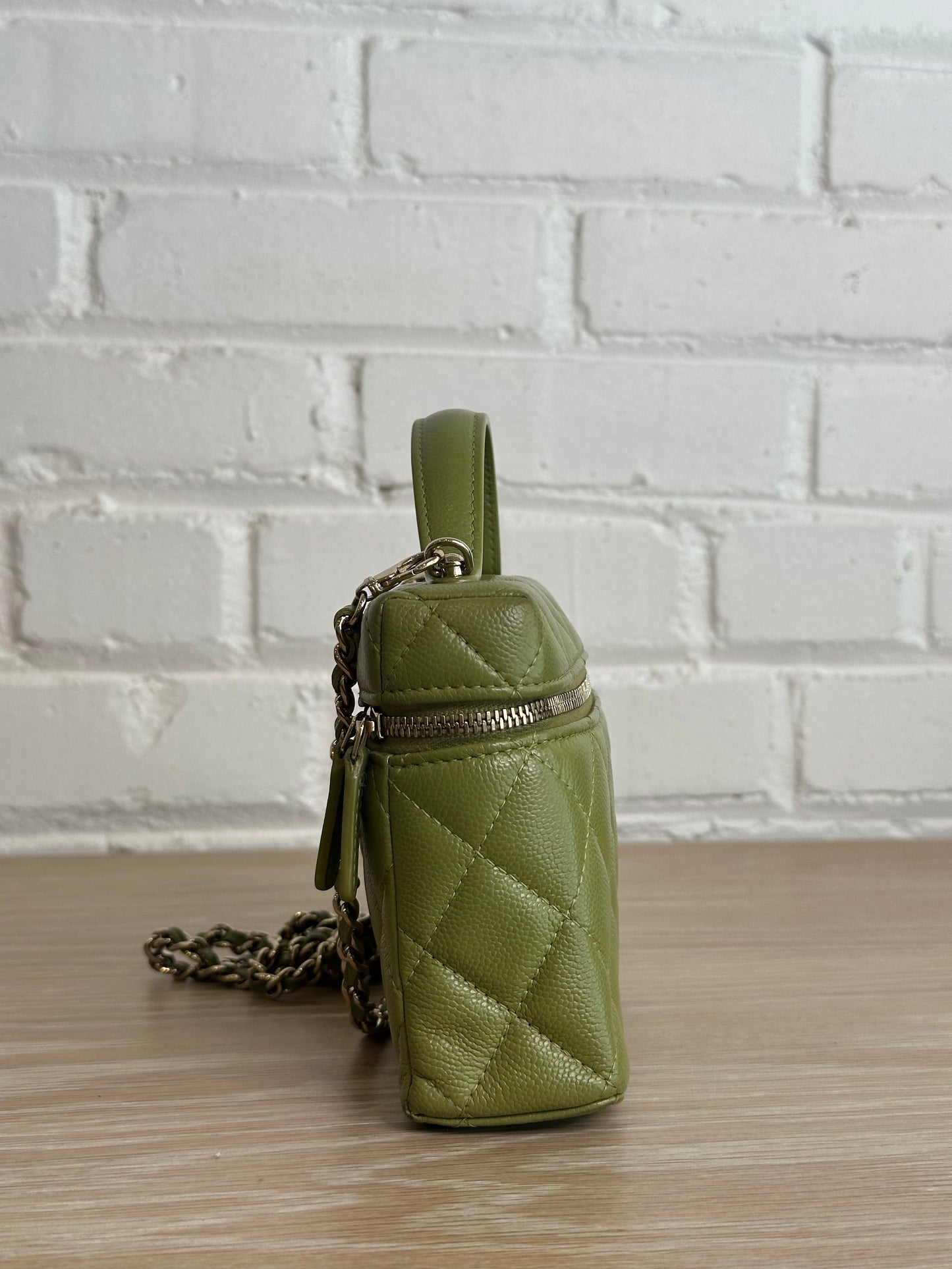 Chanel Caviar Quilted Top Handle Slim Vanity Case Khaki Green