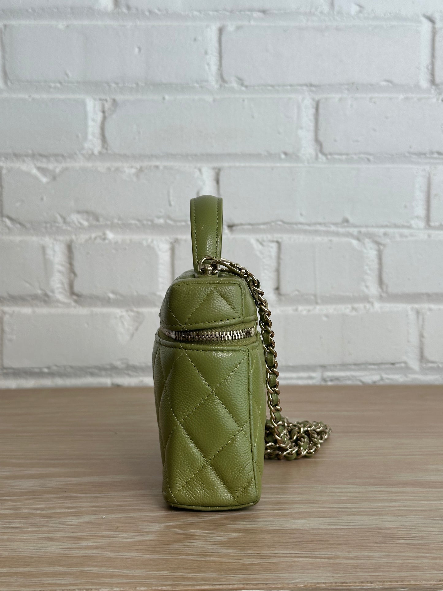 Chanel Caviar Quilted Top Handle Slim Vanity Case Khaki Green