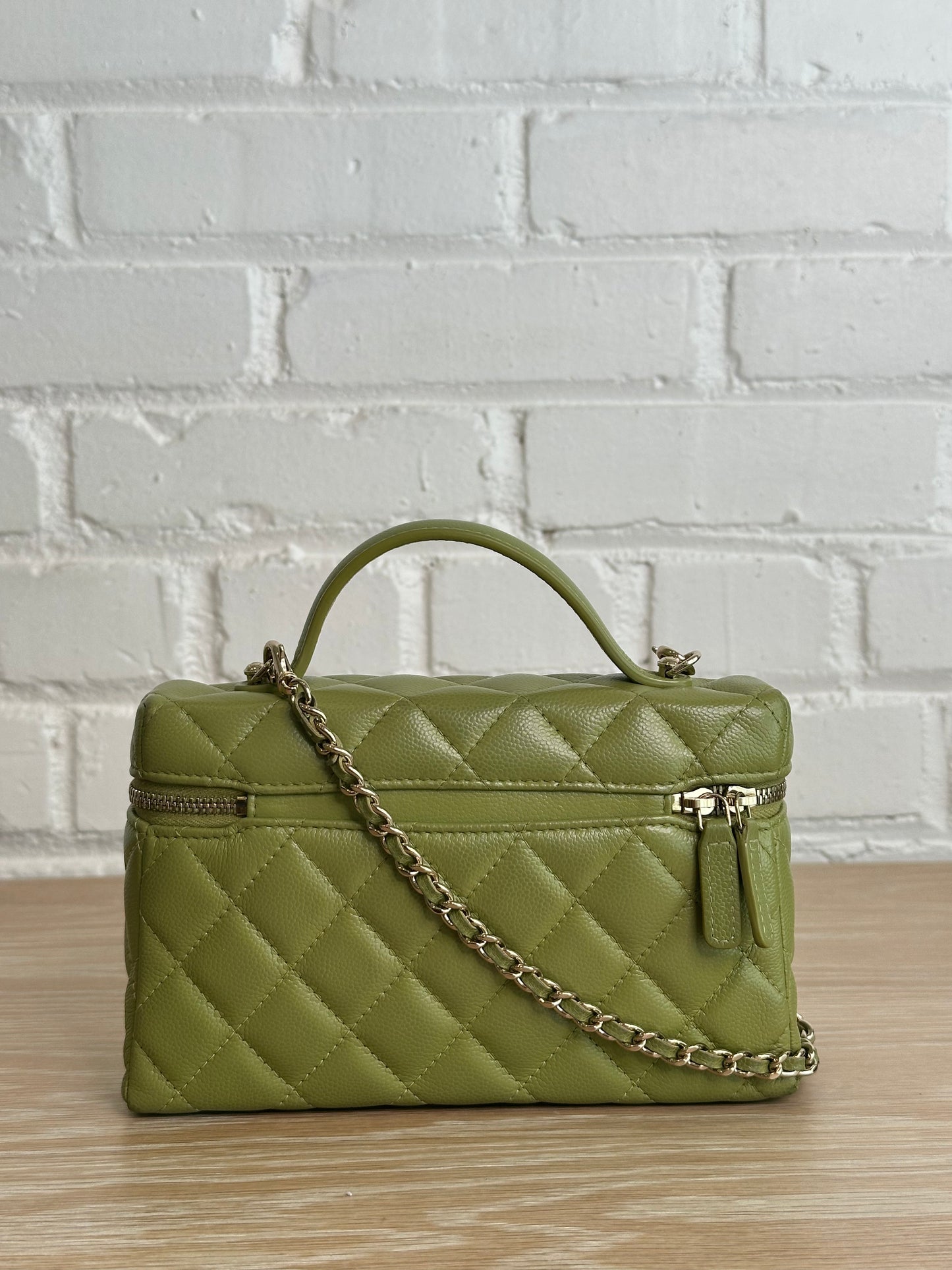 Chanel Caviar Quilted Top Handle Slim Vanity Case Khaki Green