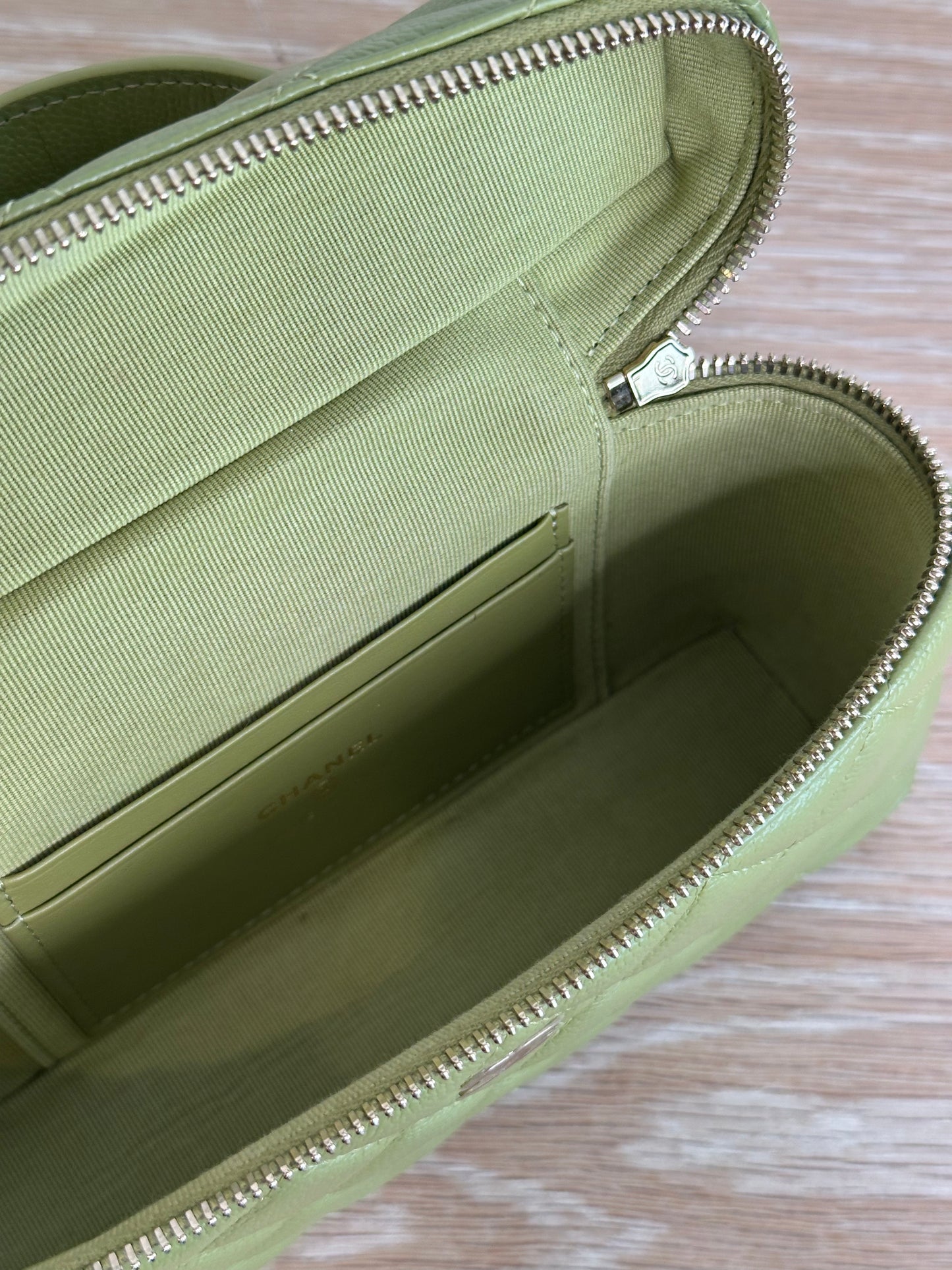 Chanel Caviar Quilted Top Handle Slim Vanity Case Khaki Green