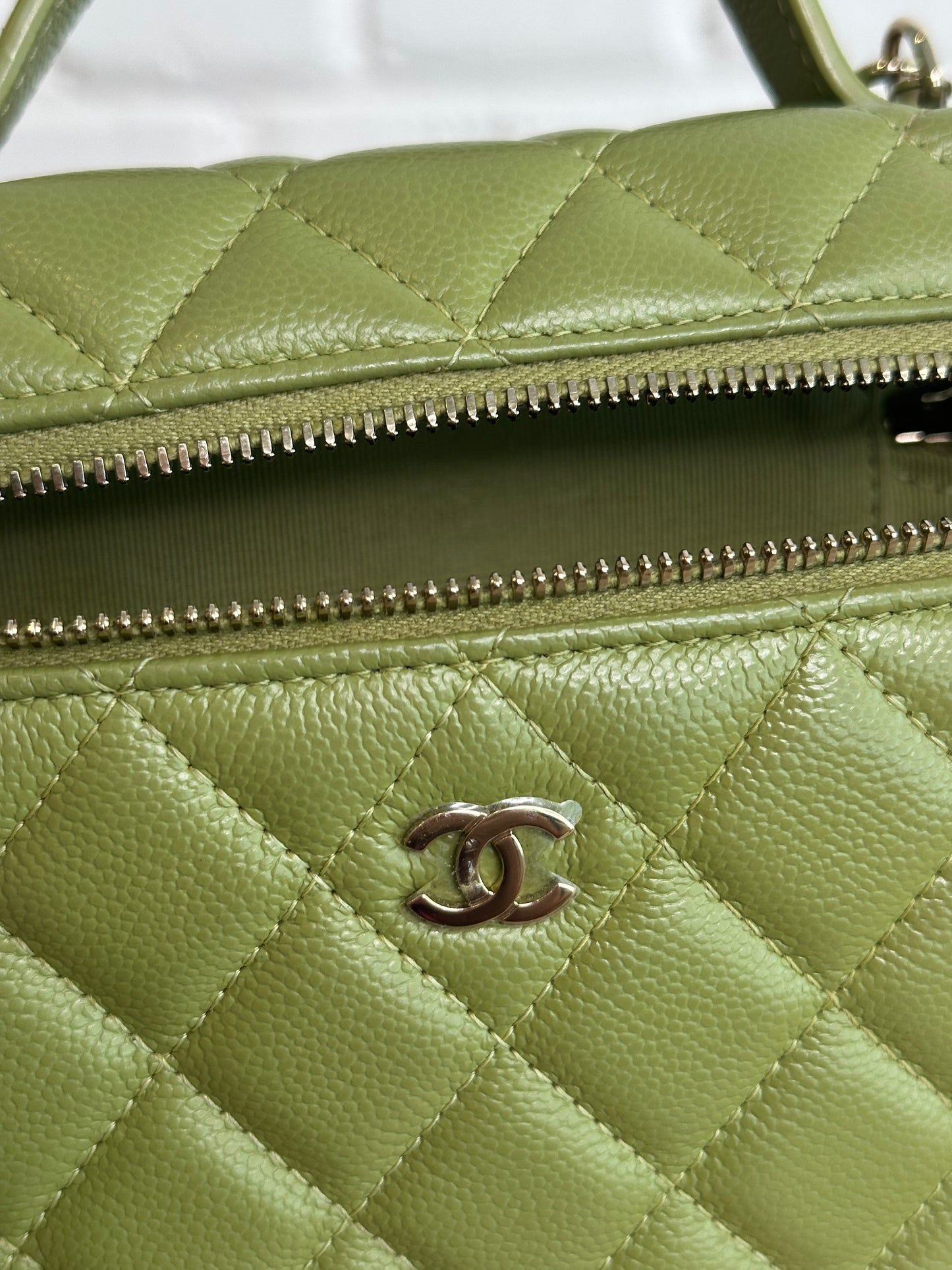 Chanel Caviar Quilted Top Handle Slim Vanity Case Khaki Green