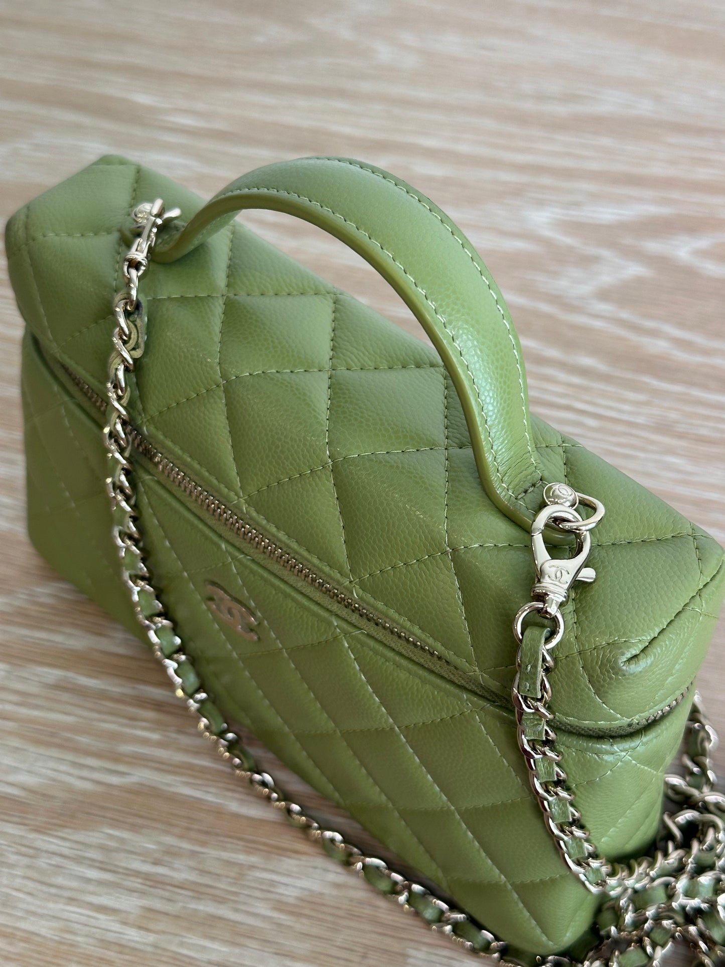 Chanel Caviar Quilted Top Handle Slim Vanity Case Khaki Green