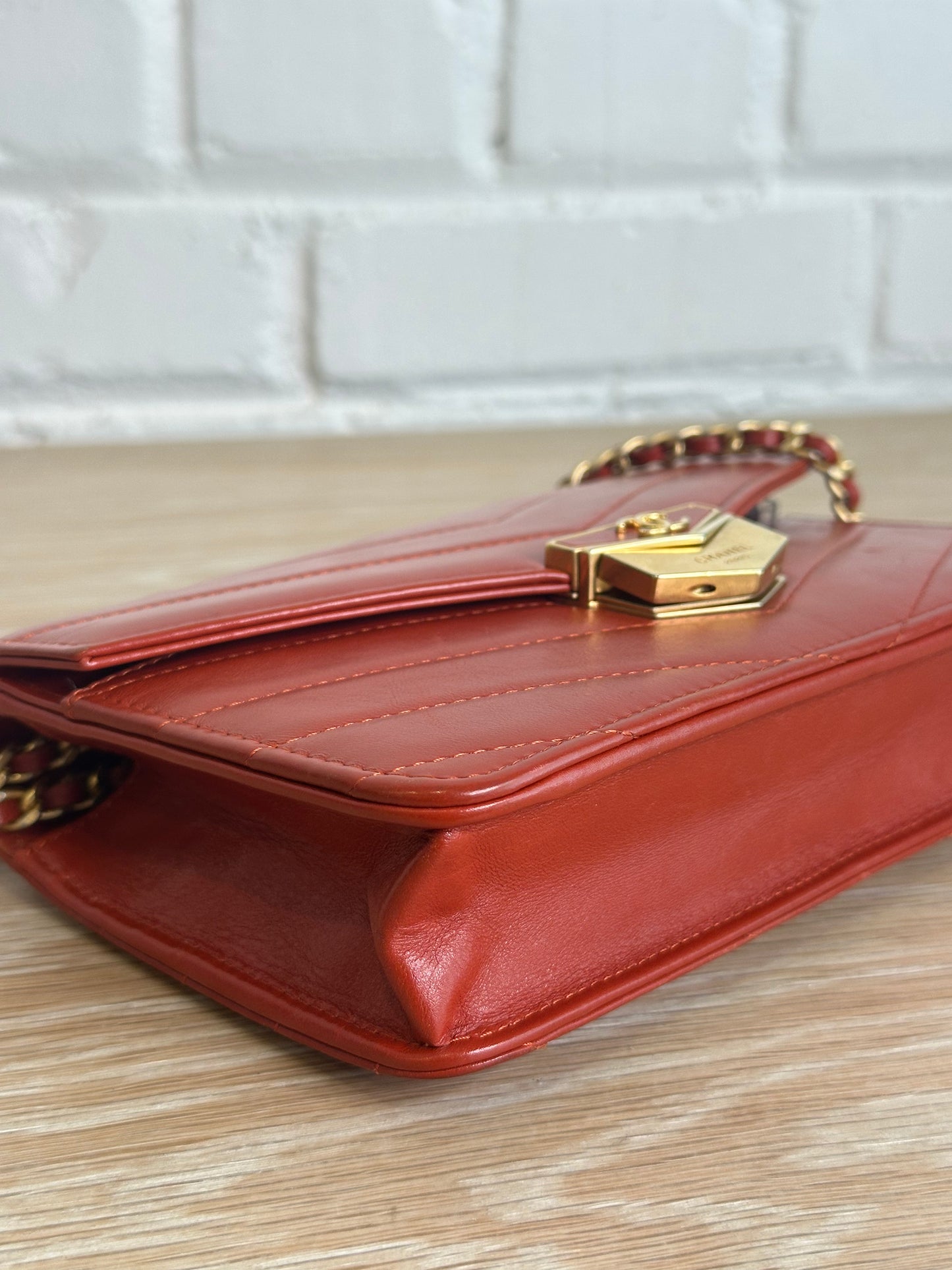 Chanel Medal Envelope WOC Calfskin Leather brick red