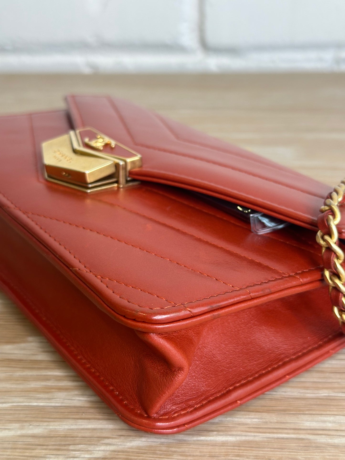 Chanel Medal Envelope WOC Calfskin Leather brick red