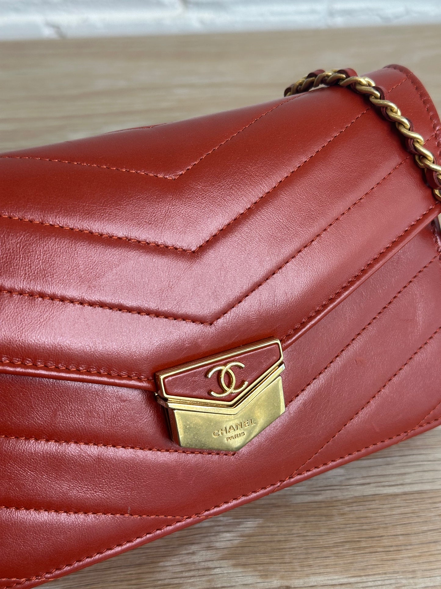 Chanel Medal Envelope WOC Calfskin Leather brick red