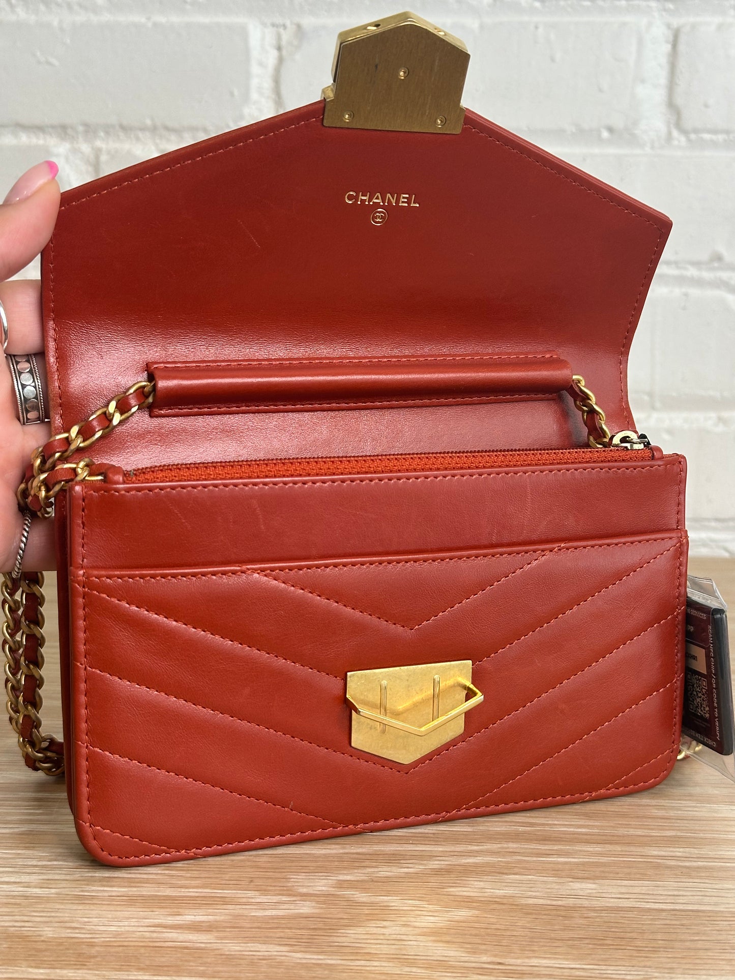 Chanel Medal Envelope WOC Calfskin Leather brick red