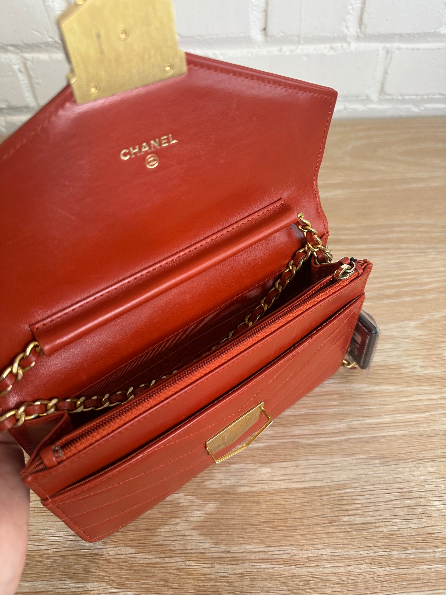 Chanel Medal Envelope WOC Calfskin Leather brick red