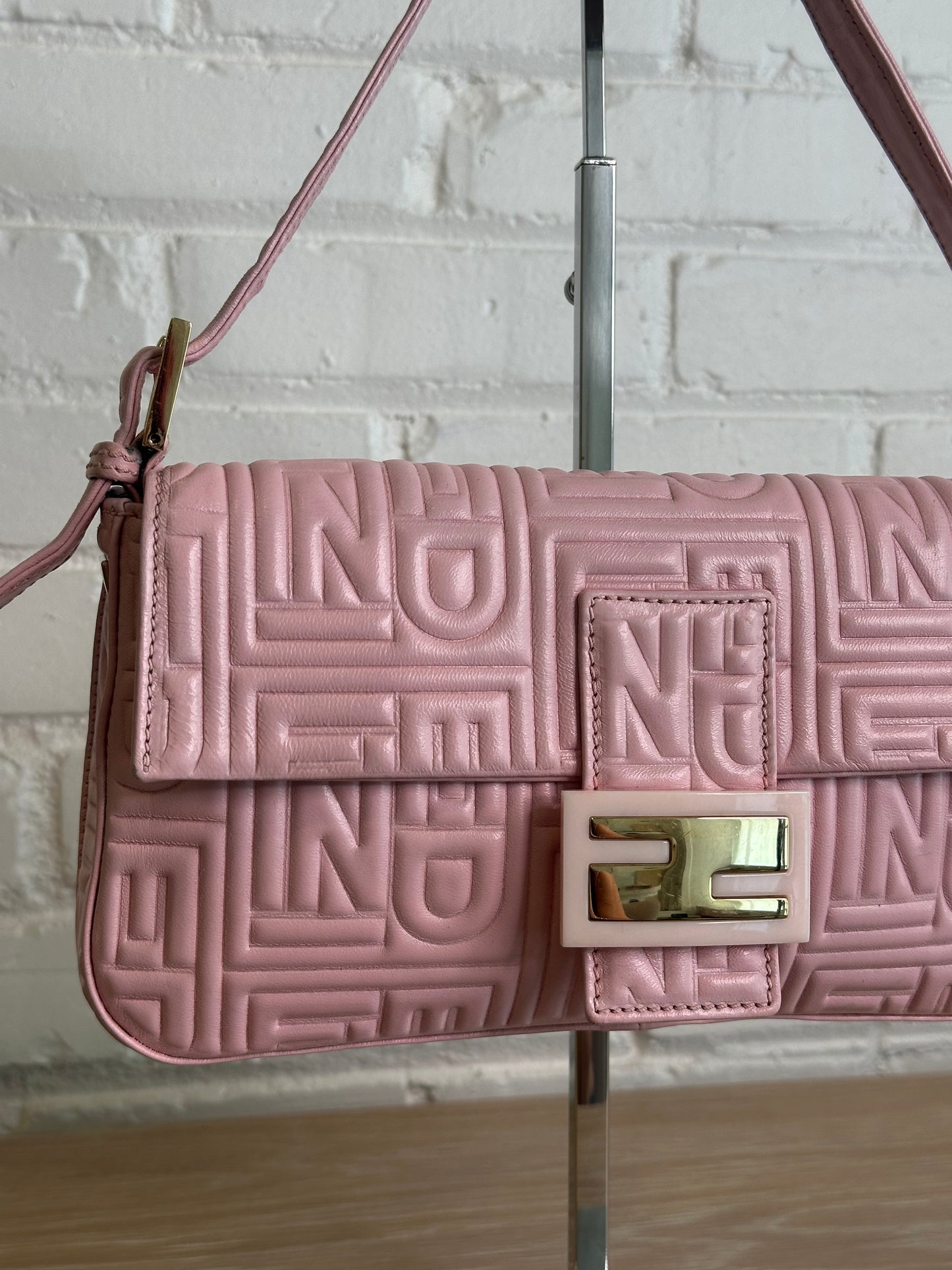 Fendi Logo Embossed Baguette Shoulder Bag, Pink