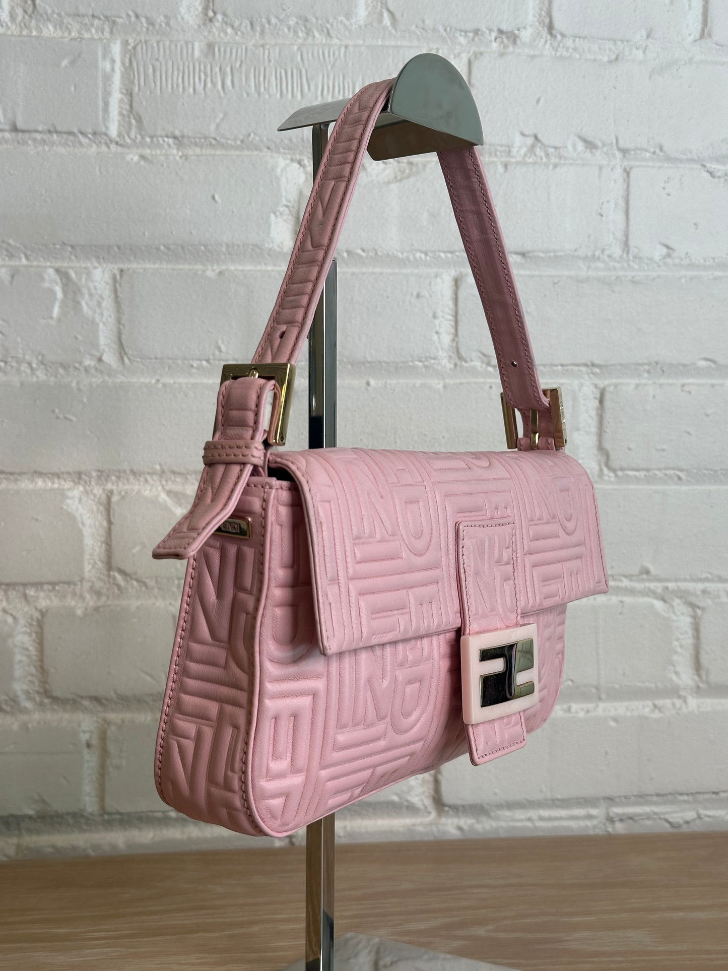 Fendi Logo Embossed Baguette Shoulder Bag, Pink