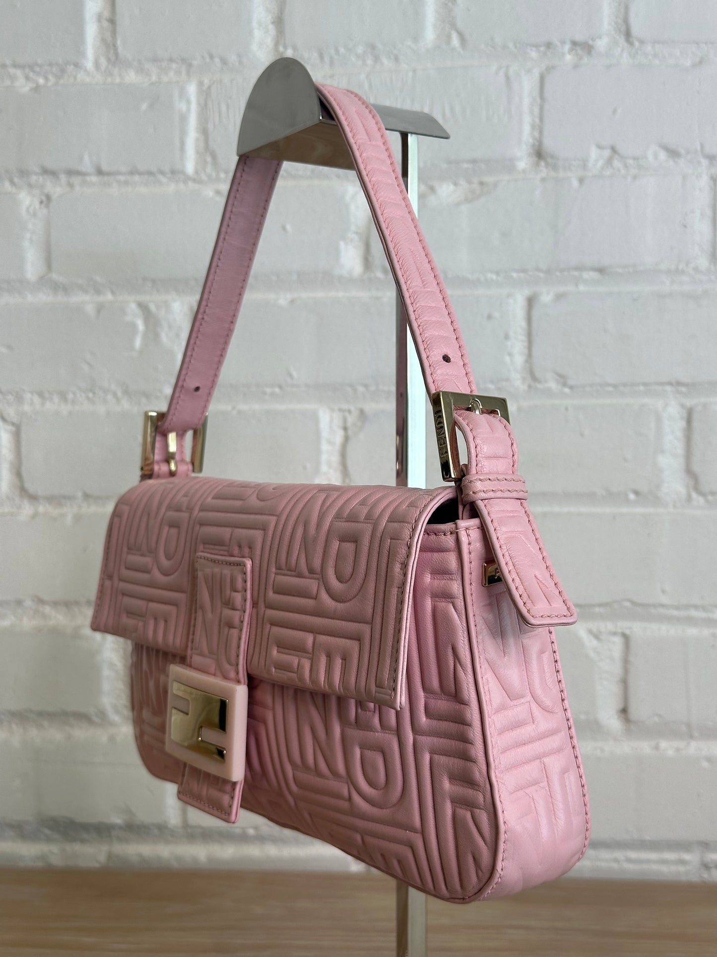Fendi Logo Embossed Baguette Shoulder Bag, Pink