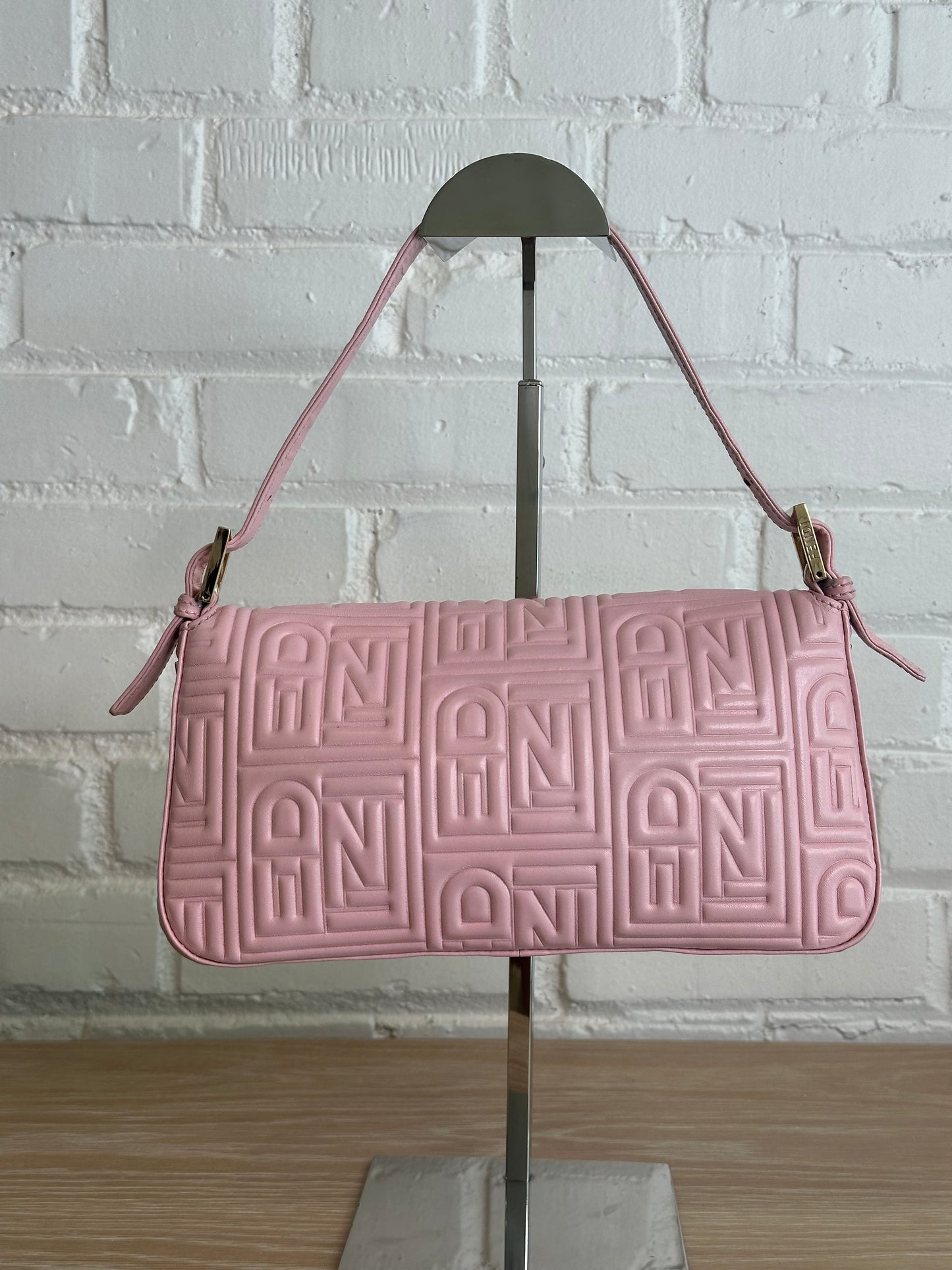 Fendi Logo Embossed Baguette Shoulder Bag, Pink