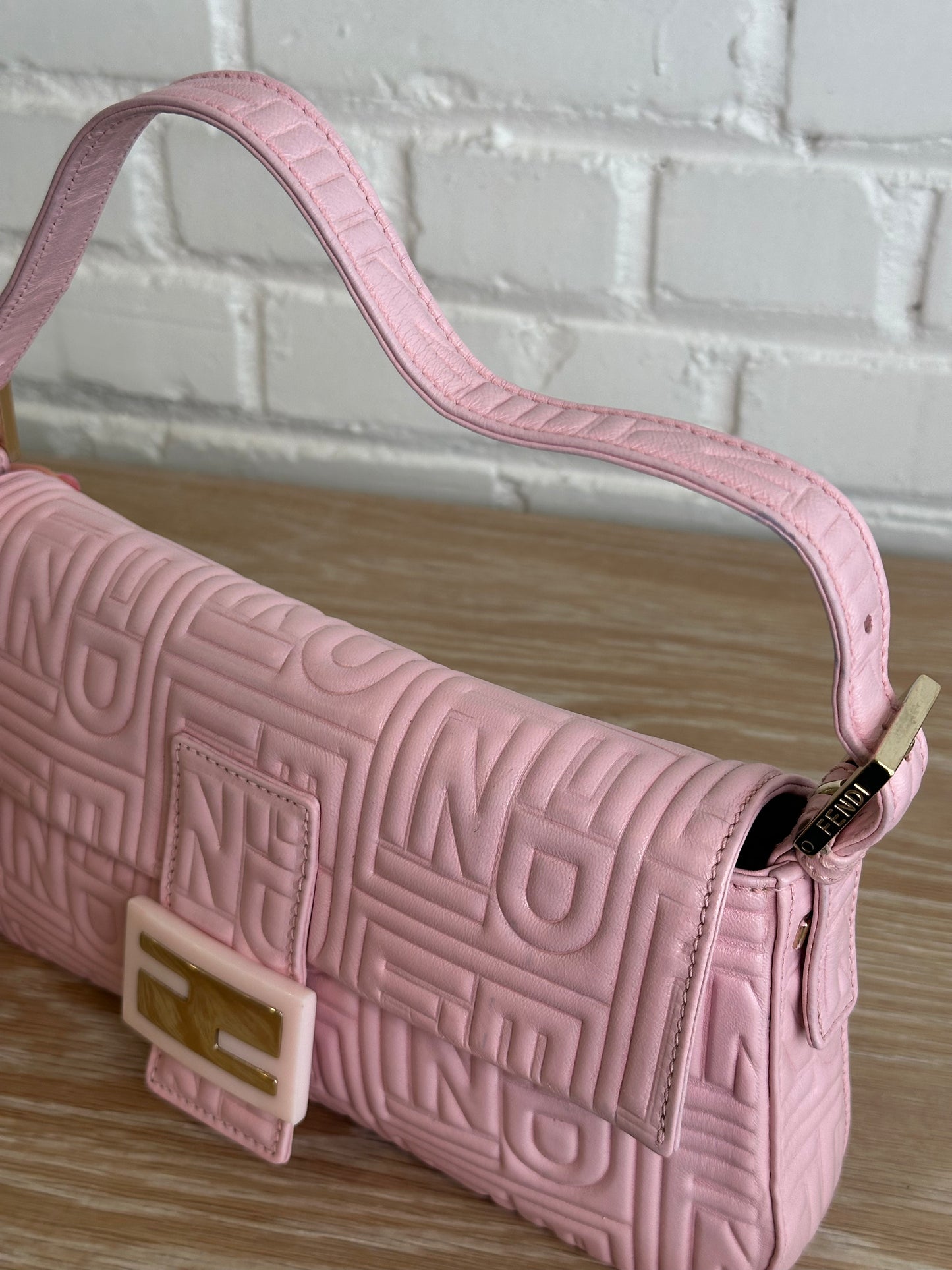 Fendi Logo Embossed Baguette Shoulder Bag, Pink