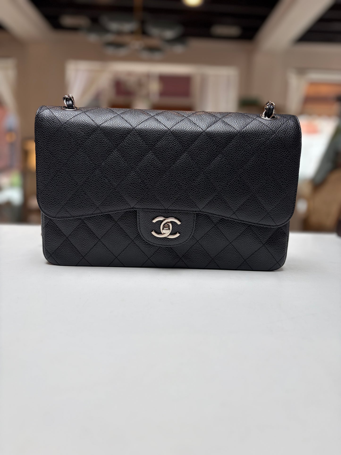 Chanel Jumbo Double Flap Black Quilted Caviar Leather Shiny Silver Hardware