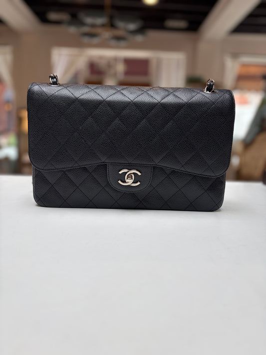 Chanel Jumbo Double Flap Black Quilted Caviar Leather Shiny Silver Hardware