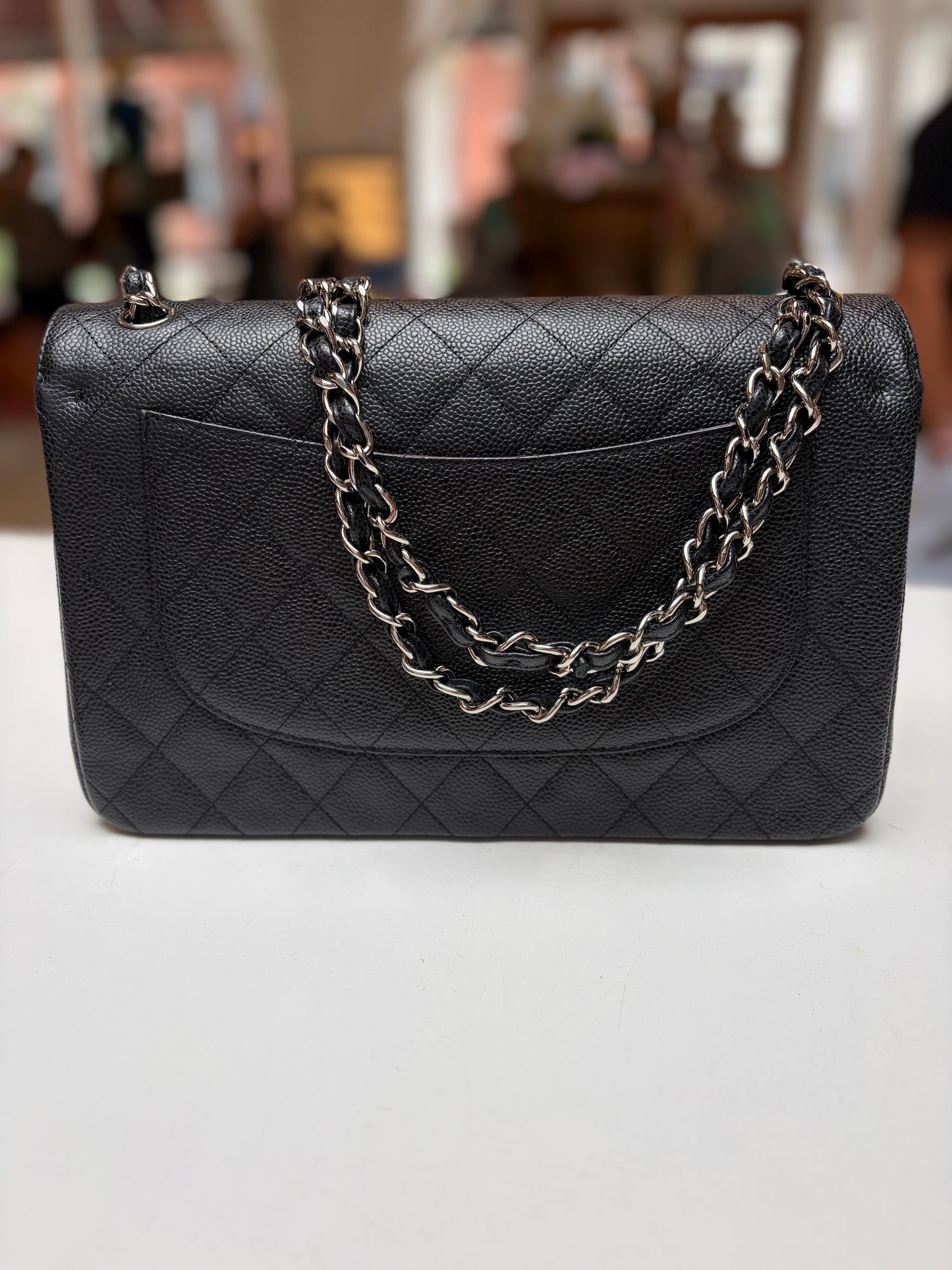 Chanel Jumbo Double Flap Black Quilted Caviar Leather Shiny Silver Hardware