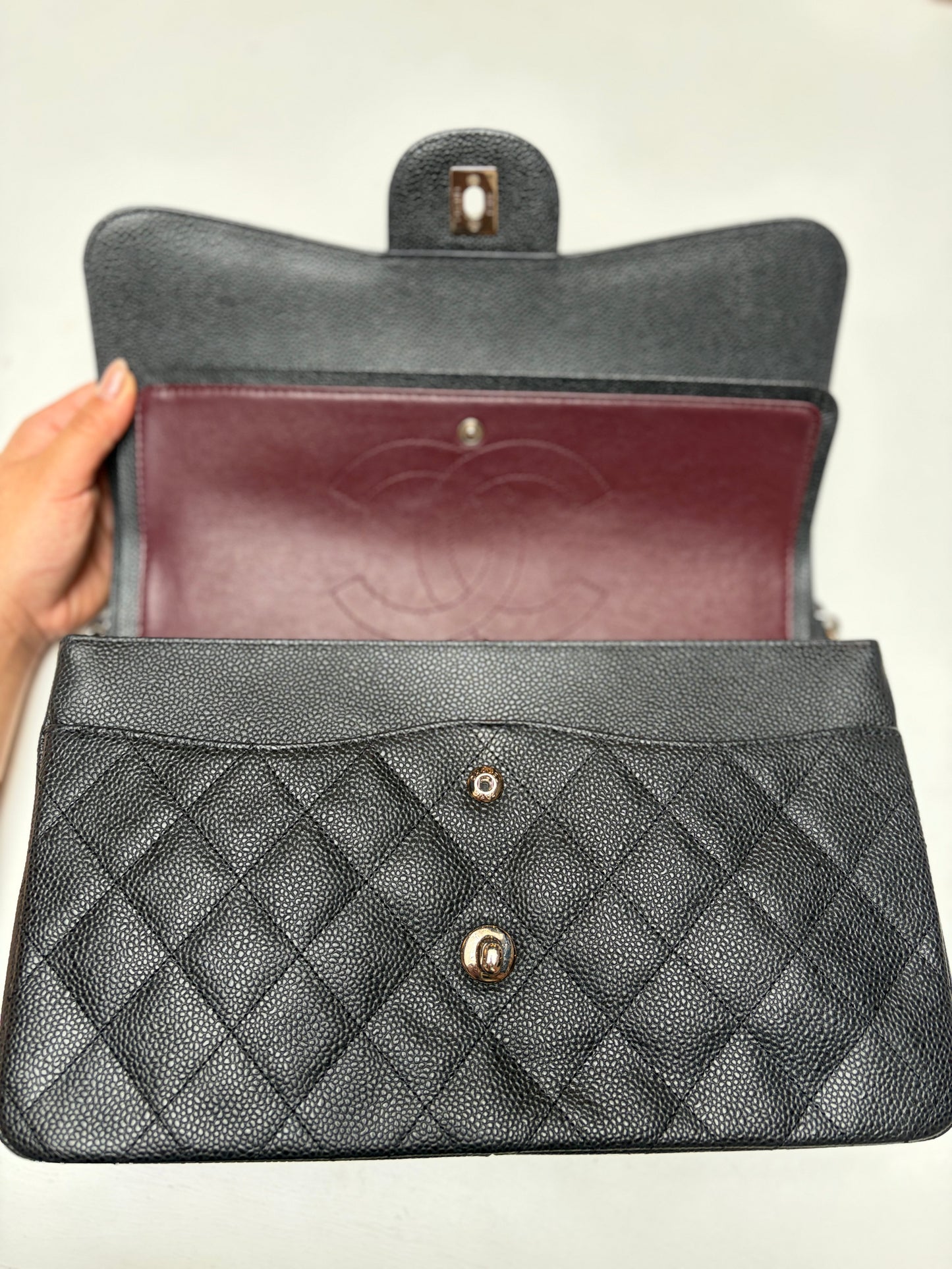 Chanel Jumbo Double Flap Black Quilted Caviar Leather Shiny Silver Hardware