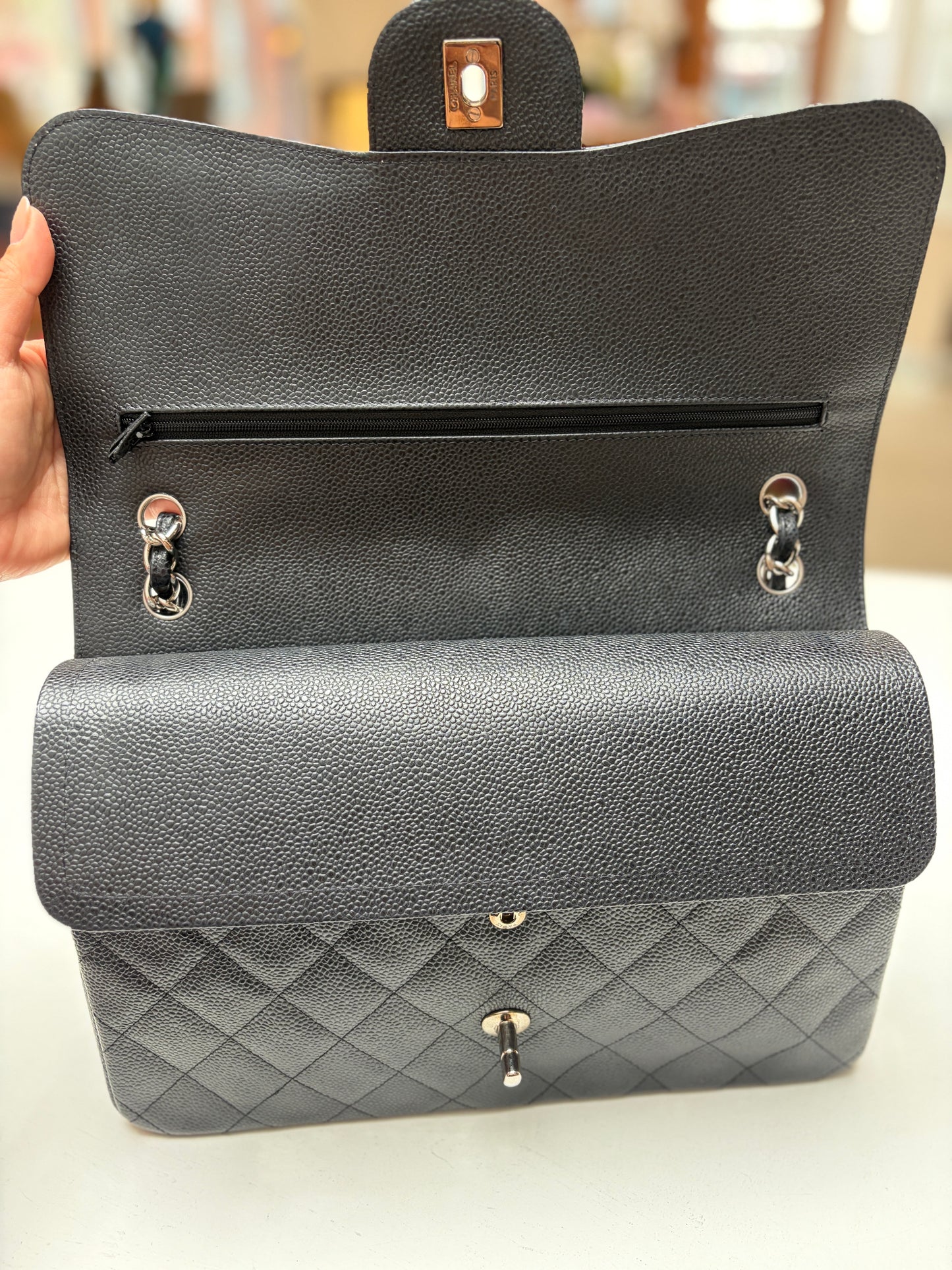 Chanel Jumbo Double Flap Black Quilted Caviar Leather Shiny Silver Hardware