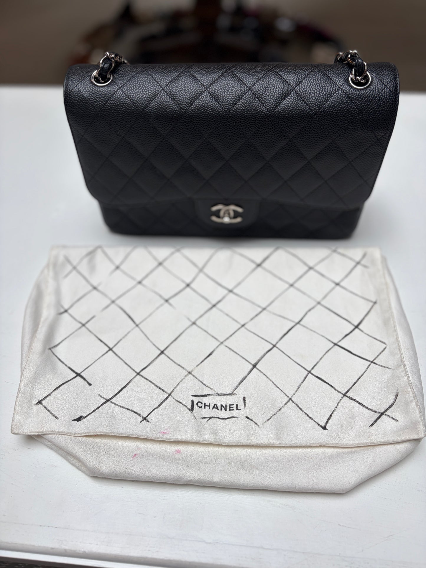 Chanel Jumbo Double Flap Black Quilted Caviar Leather Shiny Silver Hardware