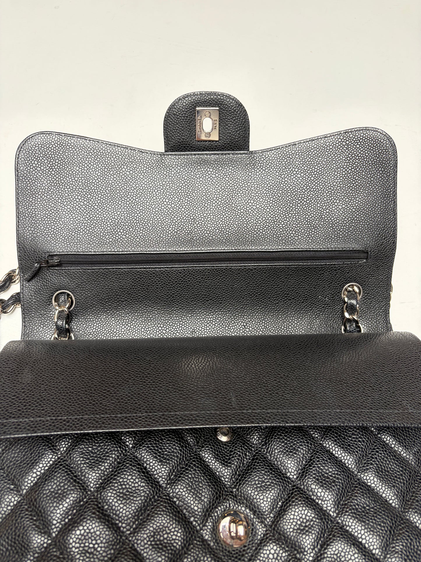 SOLD Chanel Classic Jumbo Double Flap Black Quilted Caviar Leather Shiny Silver Hardware