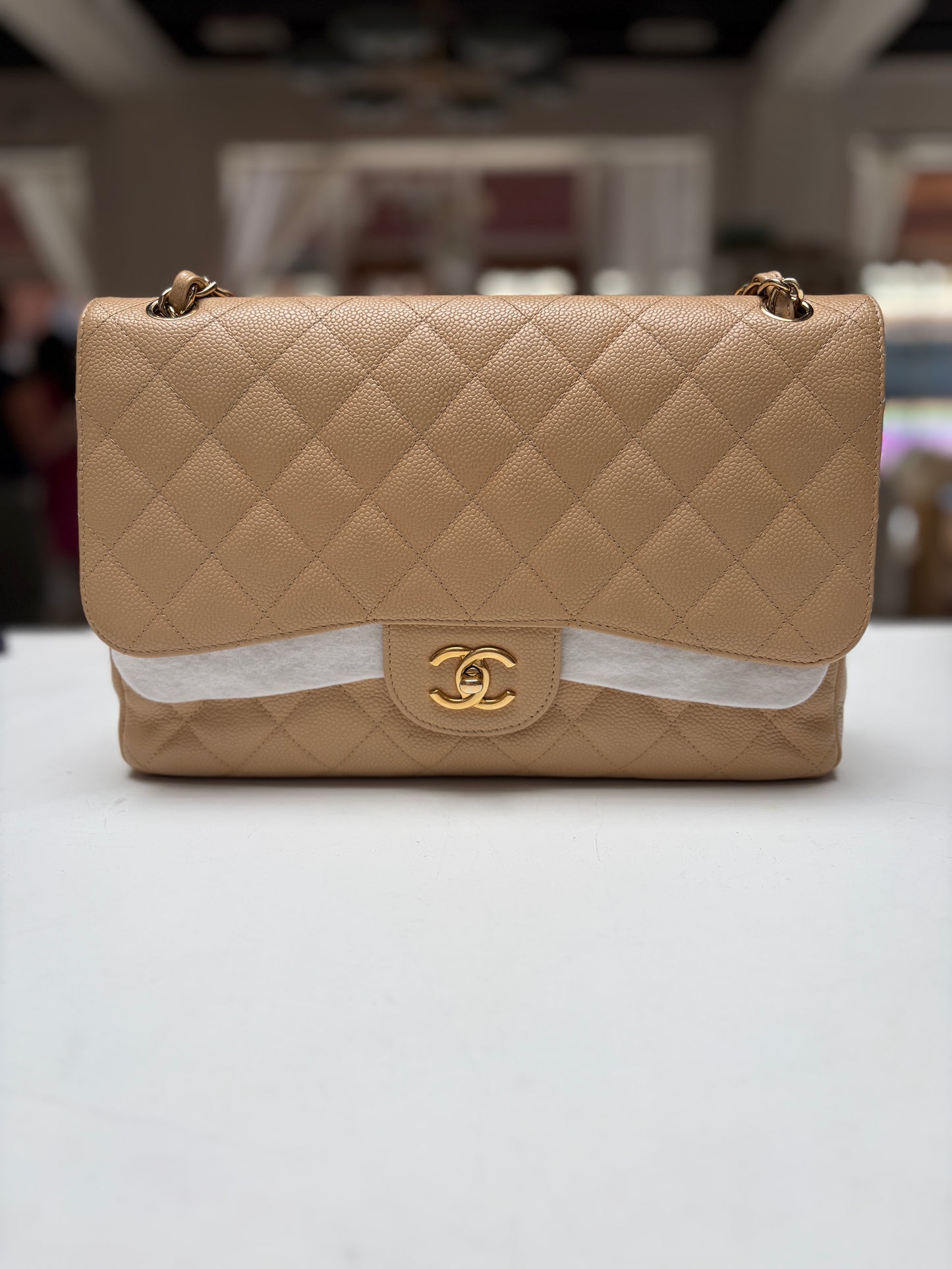 Chanel Classic Jumbo Double Flap Neutrals Quilted Caviar Leather Gold Hardware