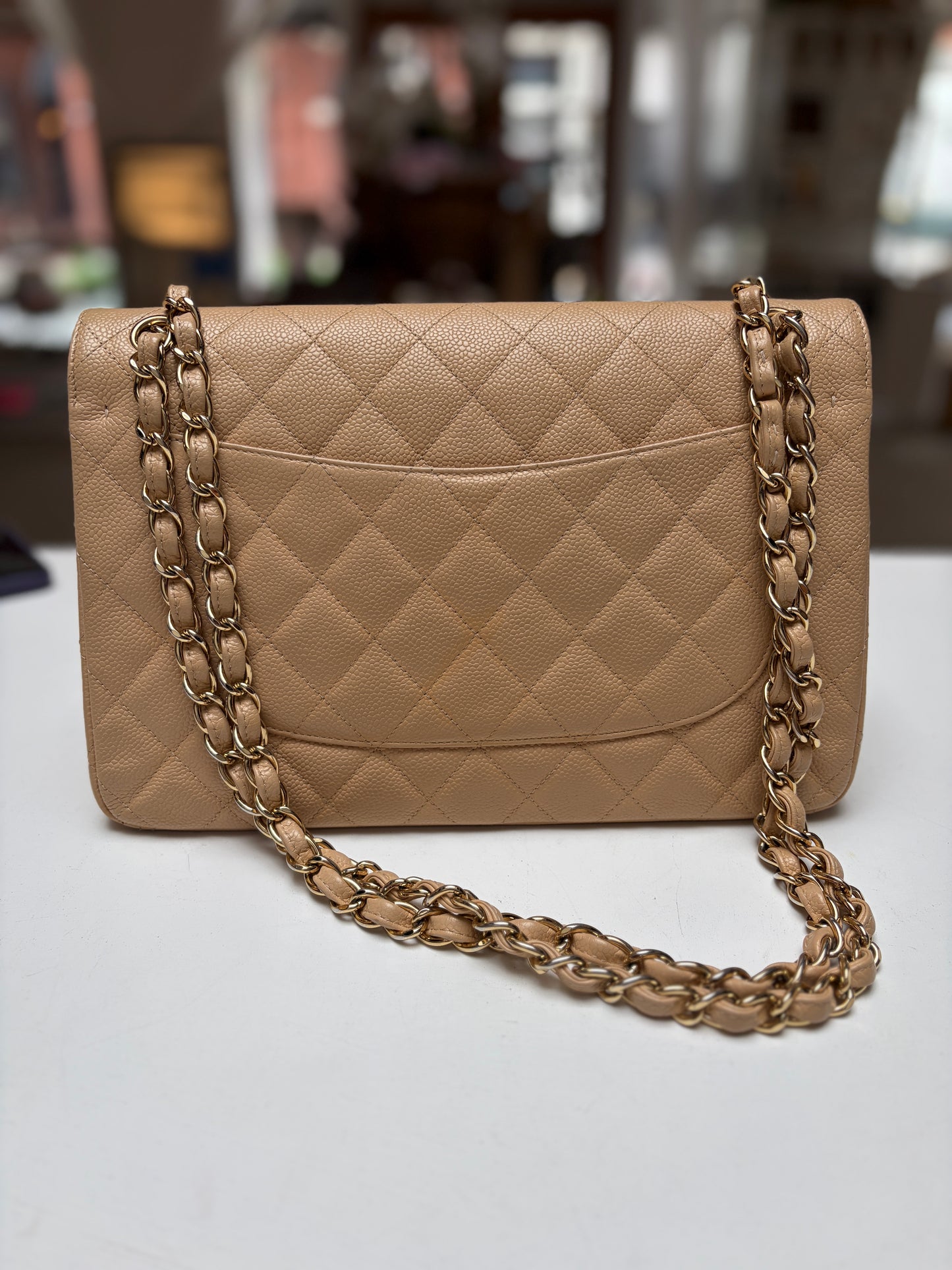 Chanel Classic Jumbo Double Flap Neutrals Quilted Caviar Leather Gold Hardware