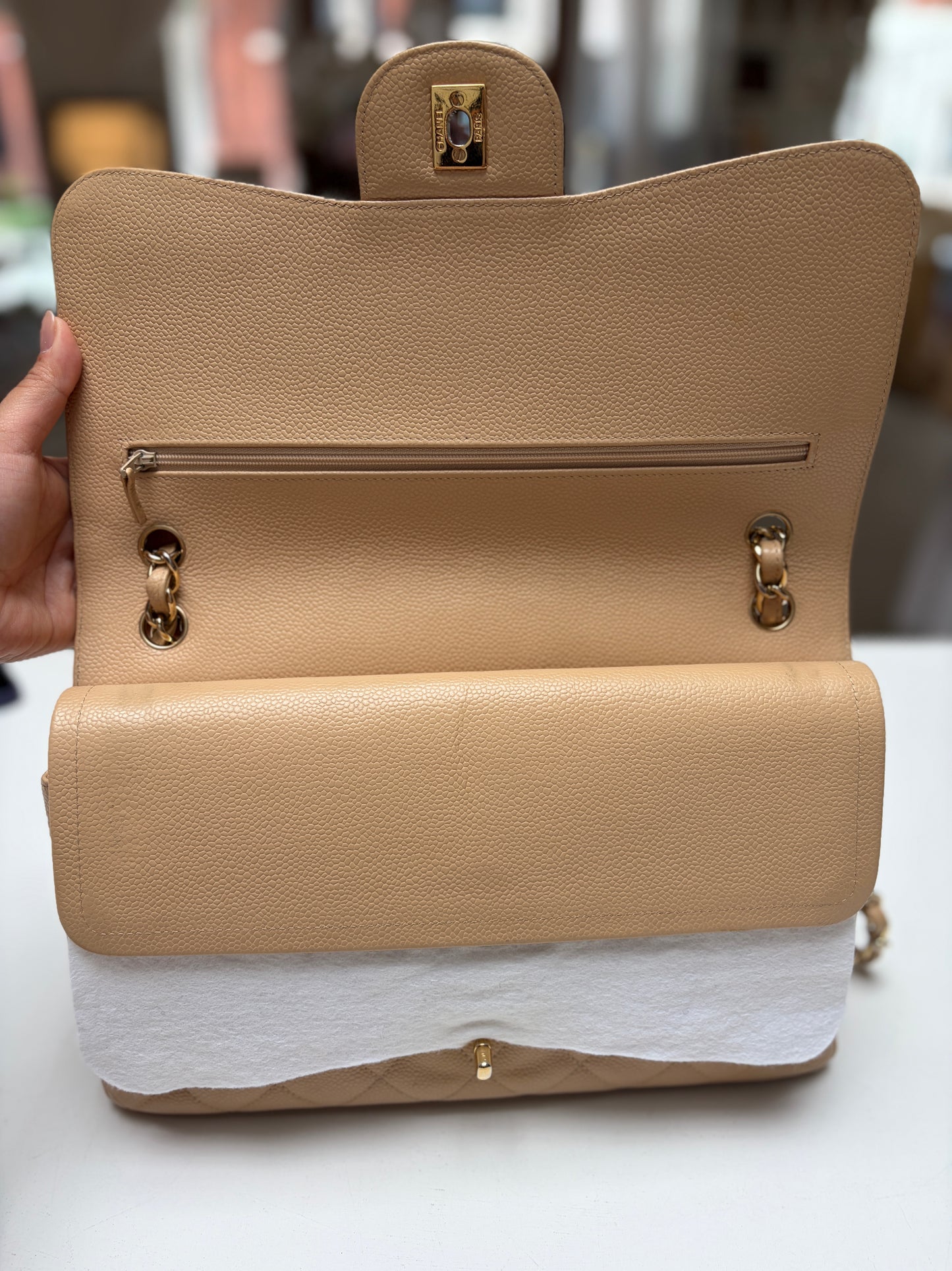 Chanel Classic Jumbo Double Flap Neutrals Quilted Caviar Leather Gold Hardware