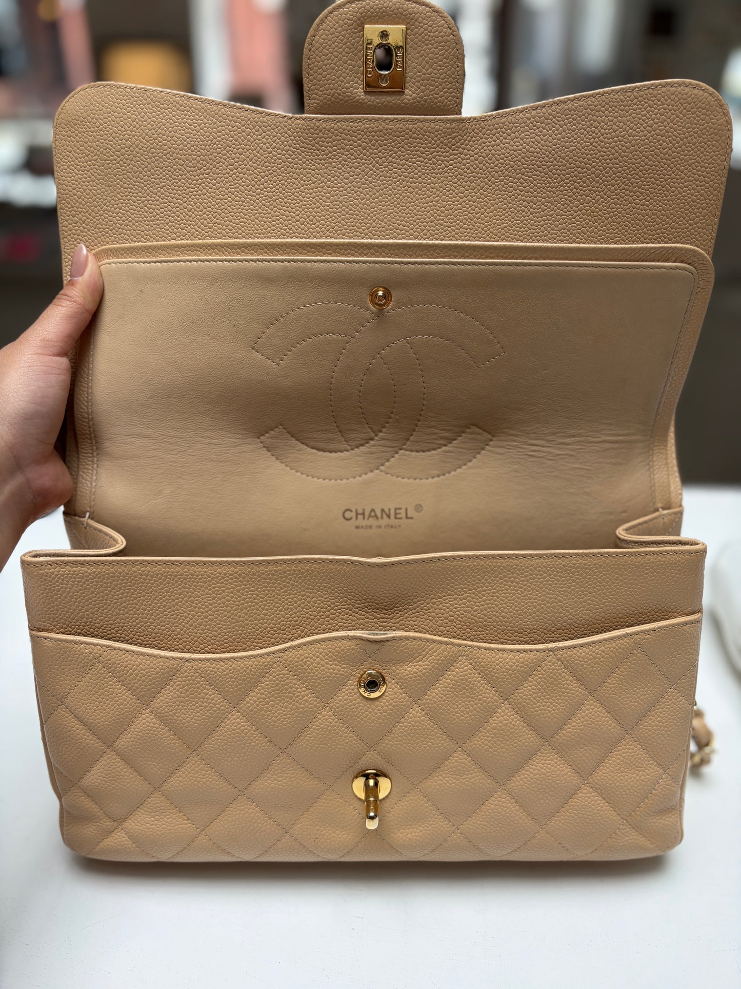 Chanel Classic Jumbo Double Flap Neutrals Quilted Caviar Leather Gold Hardware