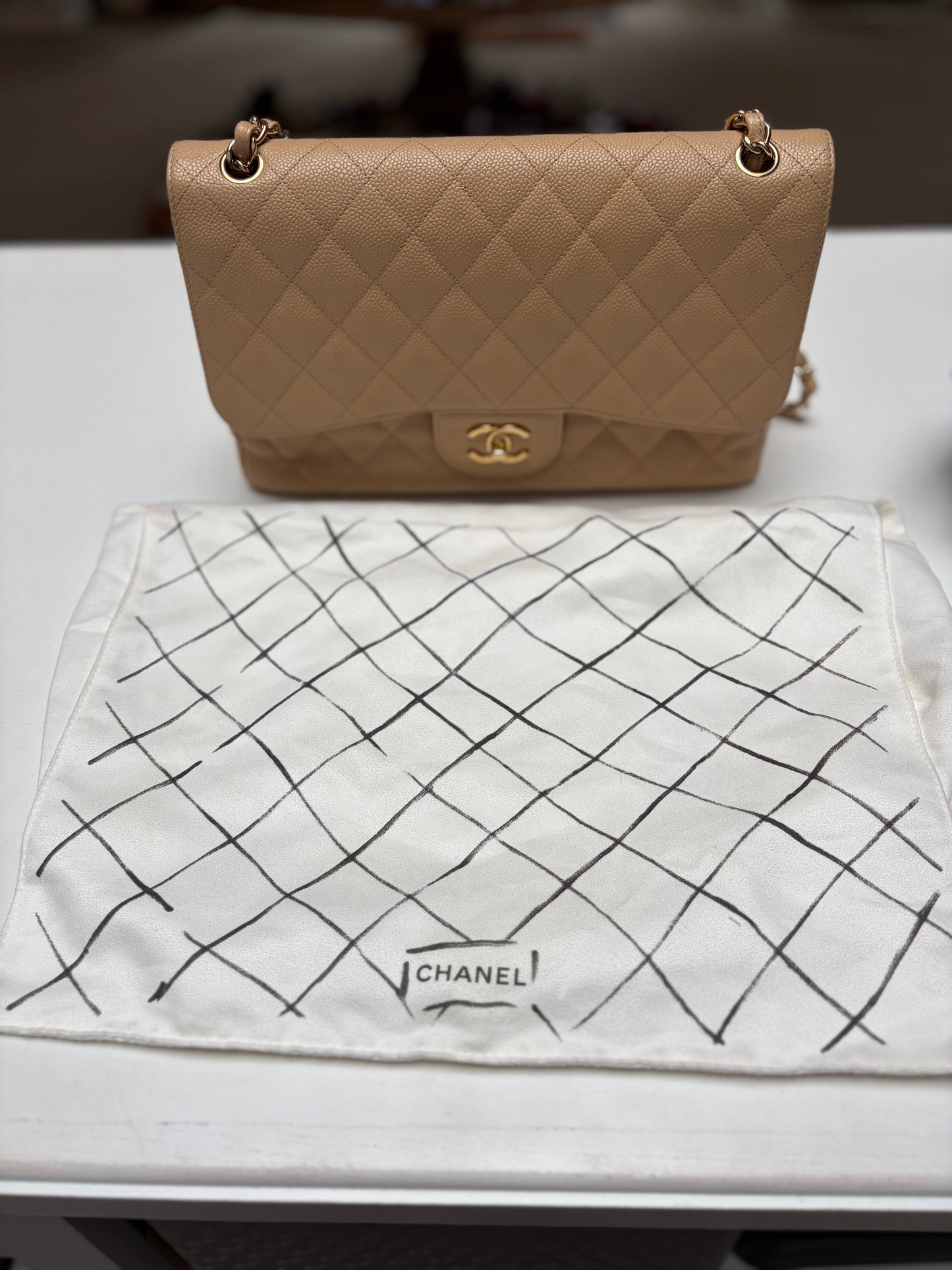 Chanel Classic Jumbo Double Flap Neutrals Quilted Caviar Leather Gold Hardware