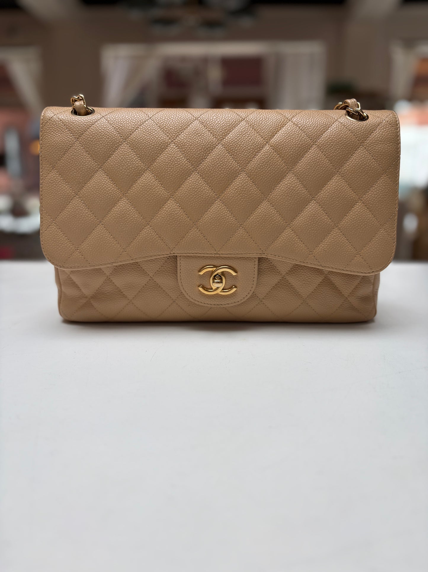 Chanel Classic Jumbo Double Flap Neutrals Quilted Caviar Leather Gold Hardware