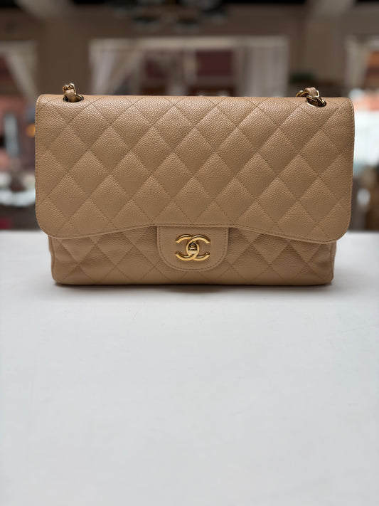 Chanel Classic Jumbo Double Flap Neutrals Quilted Caviar Leather Gold Hardware