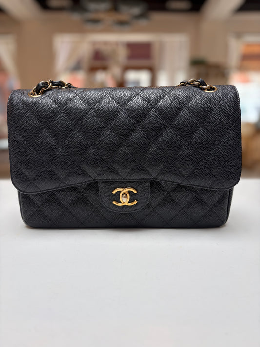 Chanel Classic Jumbo Double Flap Black Quilted Caviar Leather Gold Hardware