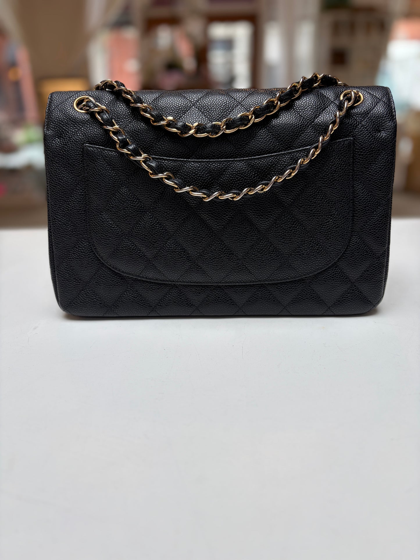 Chanel Classic Jumbo Double Flap Black Quilted Caviar Leather Gold Hardware