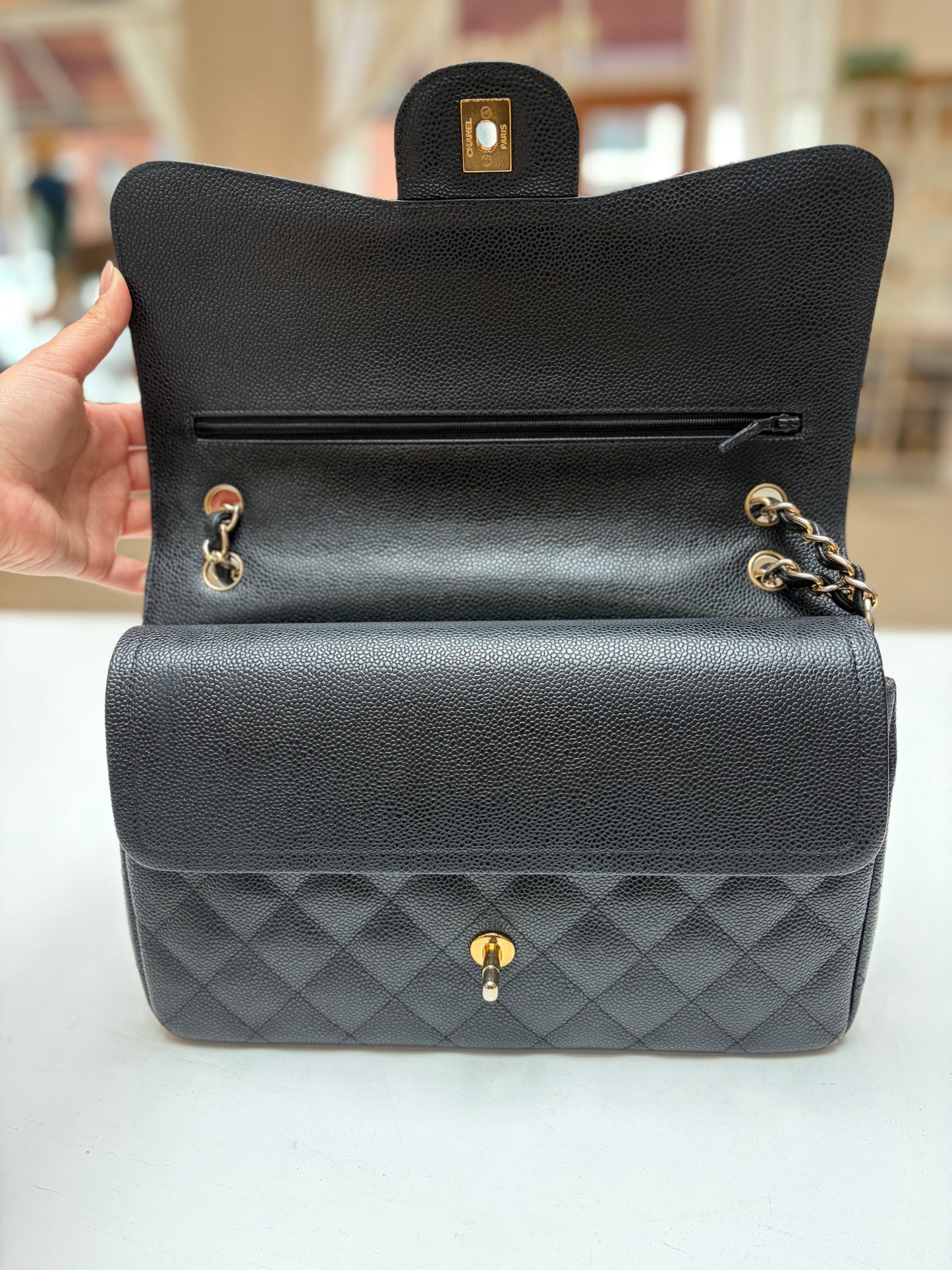 Chanel Classic Jumbo Double Flap Black Quilted Caviar Leather Gold Hardware