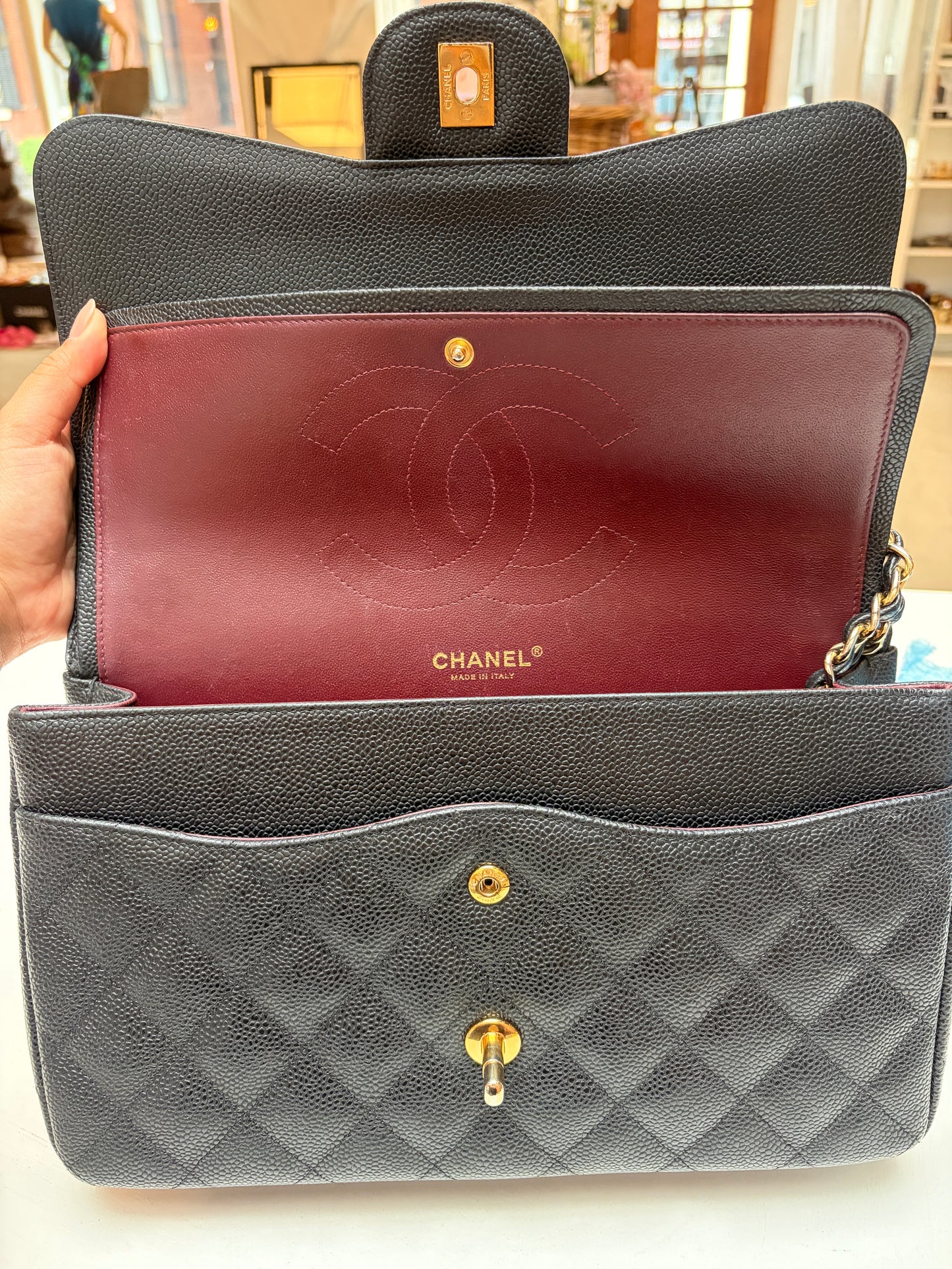 Chanel Classic Jumbo Double Flap Black Quilted Caviar Leather Gold Hardware