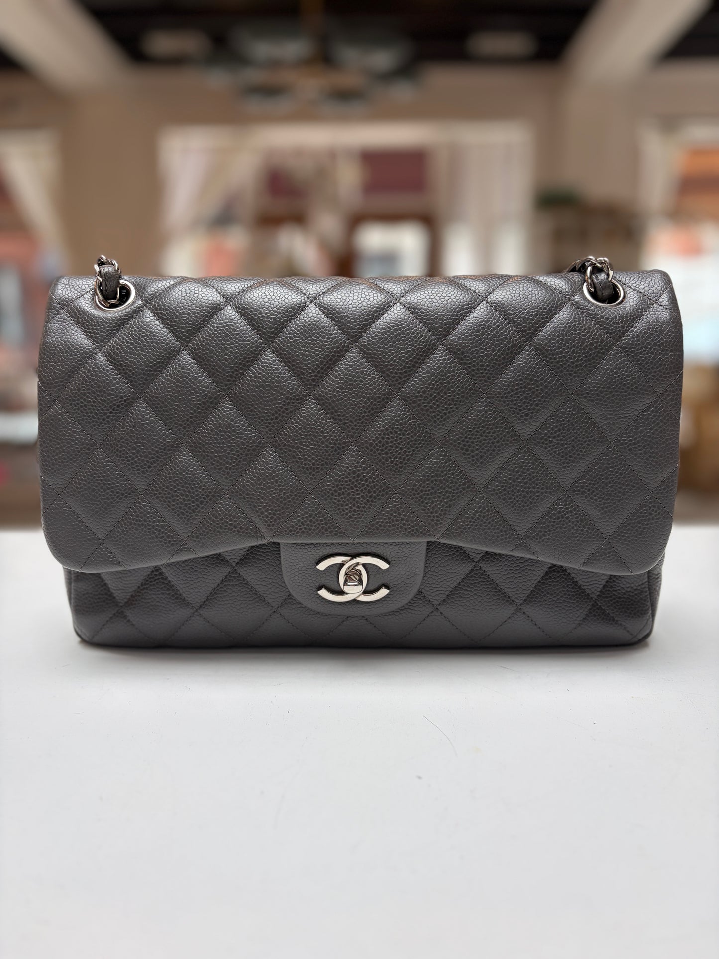 Chanel Classic Jumbo Double Flap Dove Grey Quilted Caviar Leather Shiny Silver Hardware