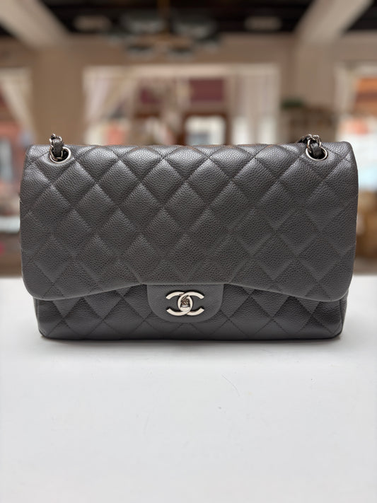 Chanel Classic Jumbo Double Flap Dove Grey Quilted Caviar Leather Shiny Silver Hardware