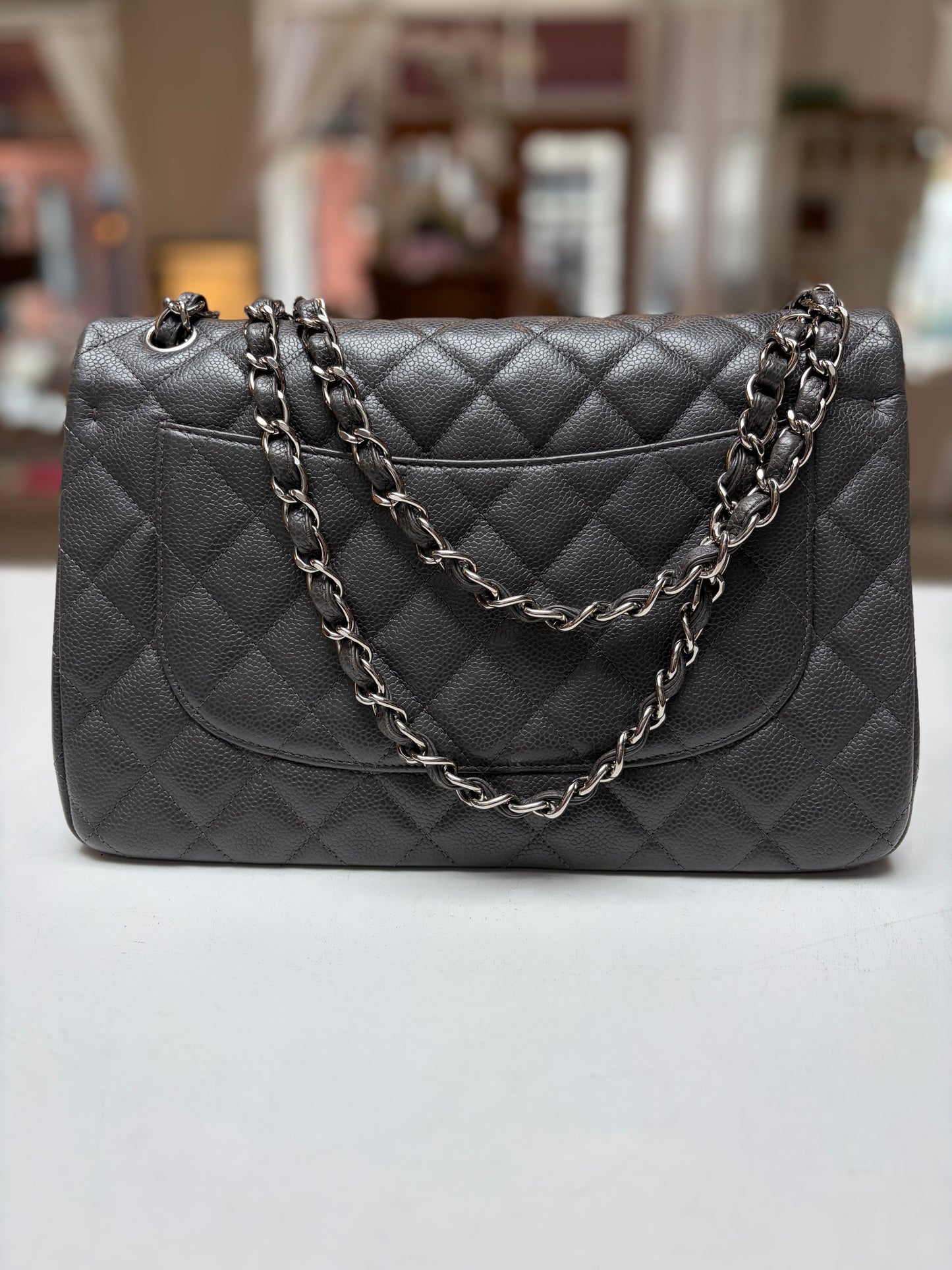 Chanel Classic Jumbo Double Flap Dove Grey Quilted Caviar Leather Shiny Silver Hardware