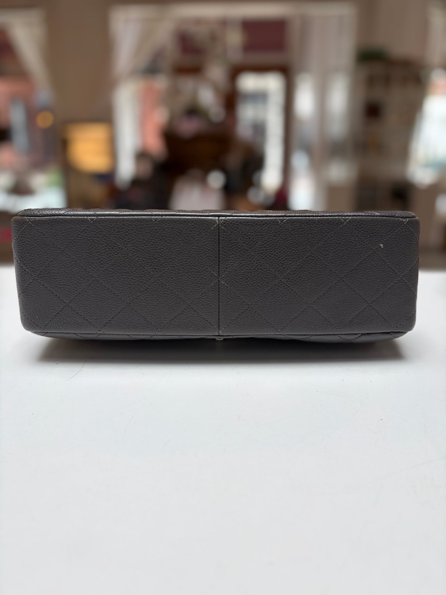 Chanel Classic Jumbo Double Flap Dove Grey Quilted Caviar Leather Shiny Silver Hardware