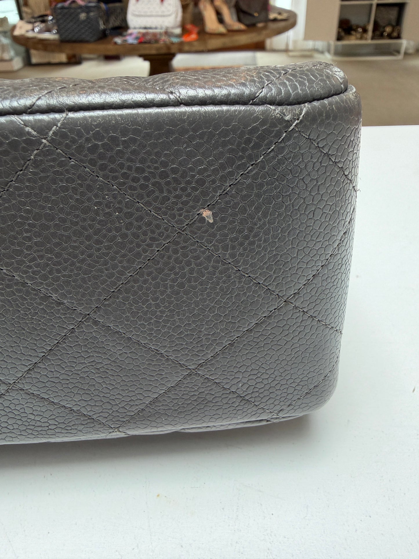 Chanel Classic Jumbo Double Flap Dove Grey Quilted Caviar Leather Shiny Silver Hardware