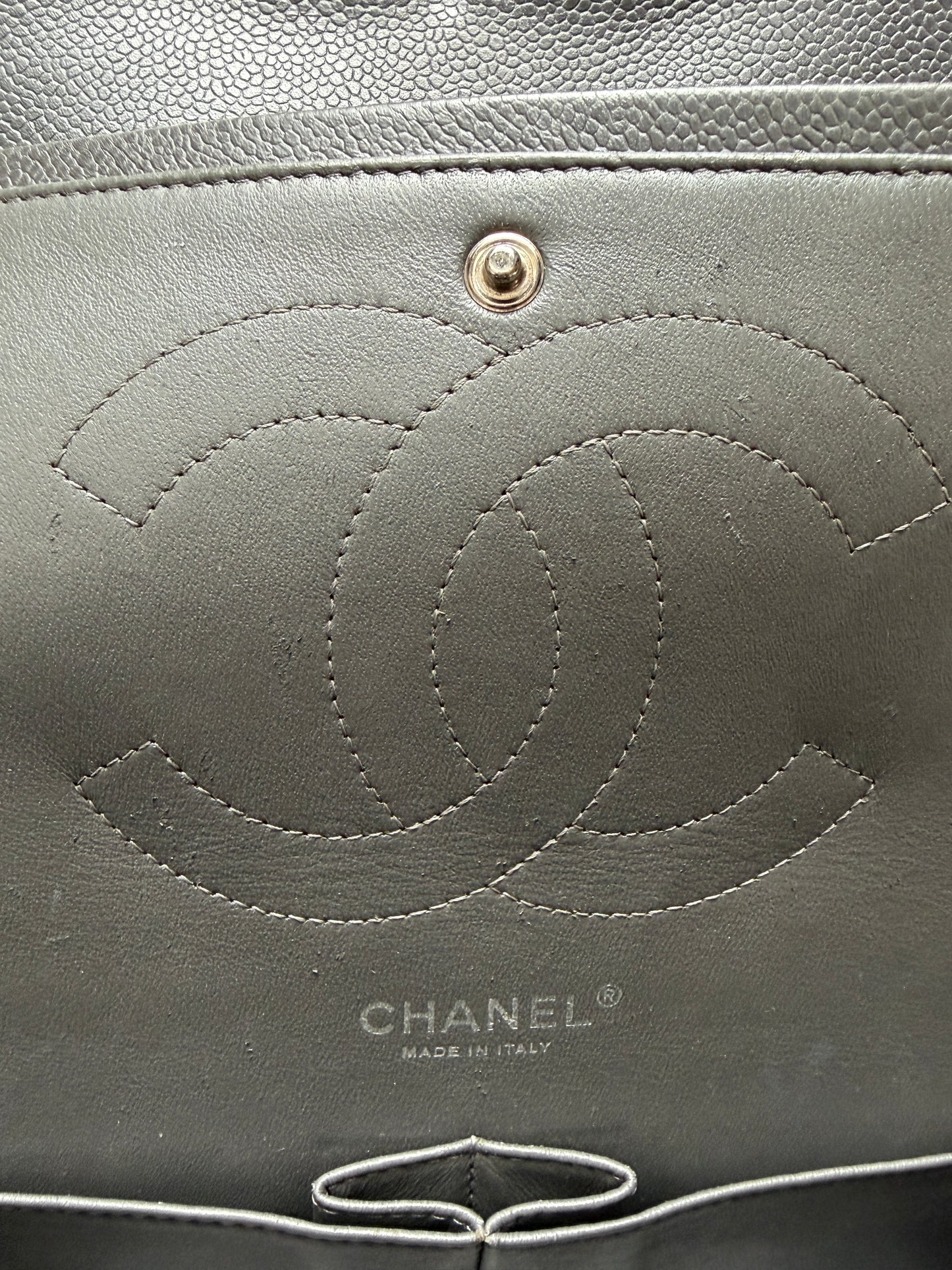 Chanel Classic Jumbo Double Flap Dove Grey Quilted Caviar Leather Shiny Silver Hardware