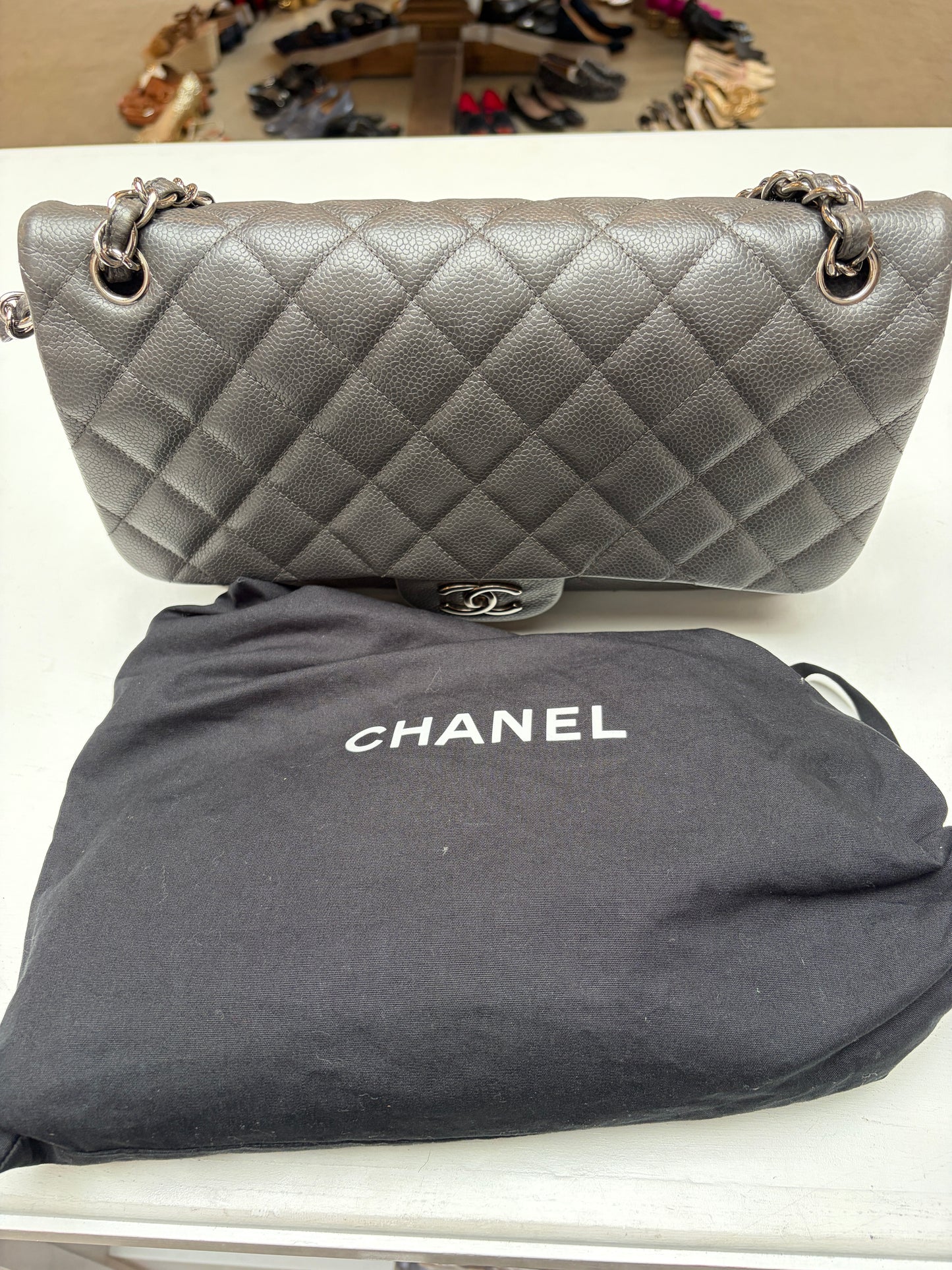 Chanel Classic Jumbo Double Flap Dove Grey Quilted Caviar Leather Shiny Silver Hardware