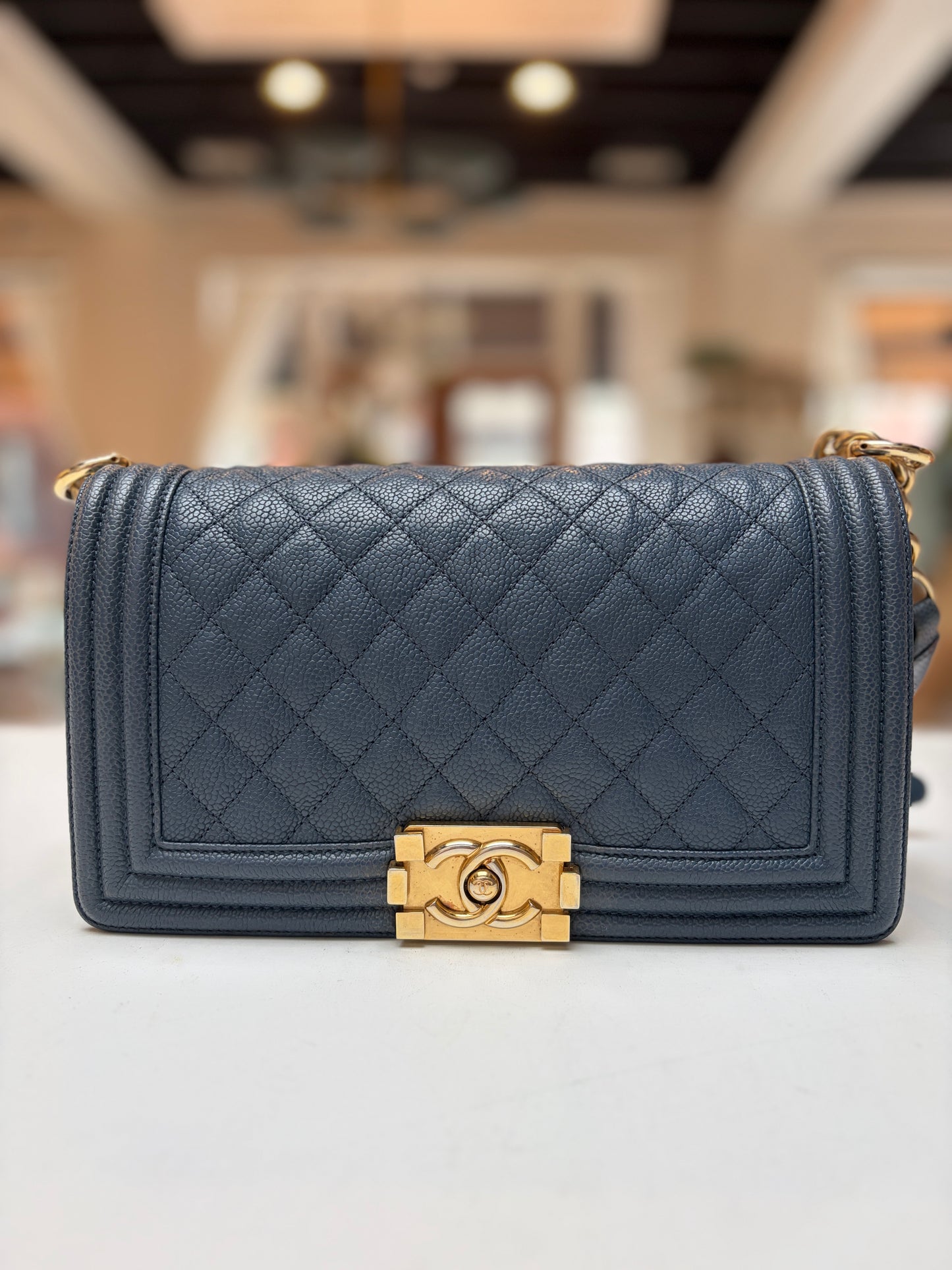 Chanel Blue Jean Caviar Leather Medium Boy Bag Gold Hardware