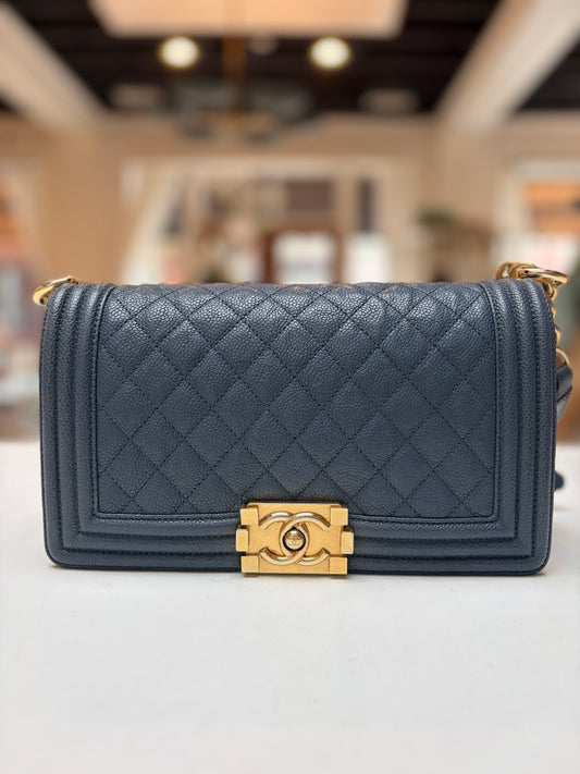 Chanel Blue Jean Caviar Leather Medium Boy Bag Gold Hardware