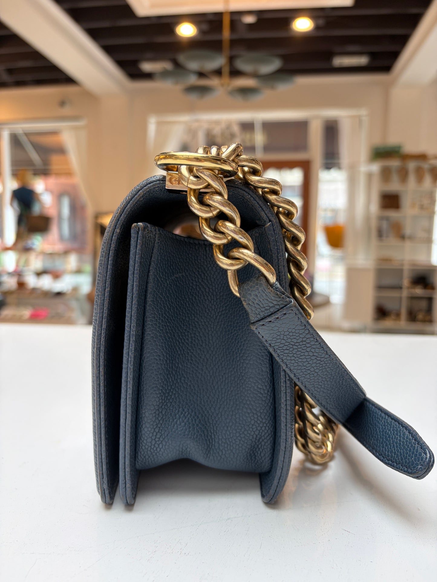 Chanel Blue Jean Caviar Leather Medium Boy Bag Gold Hardware