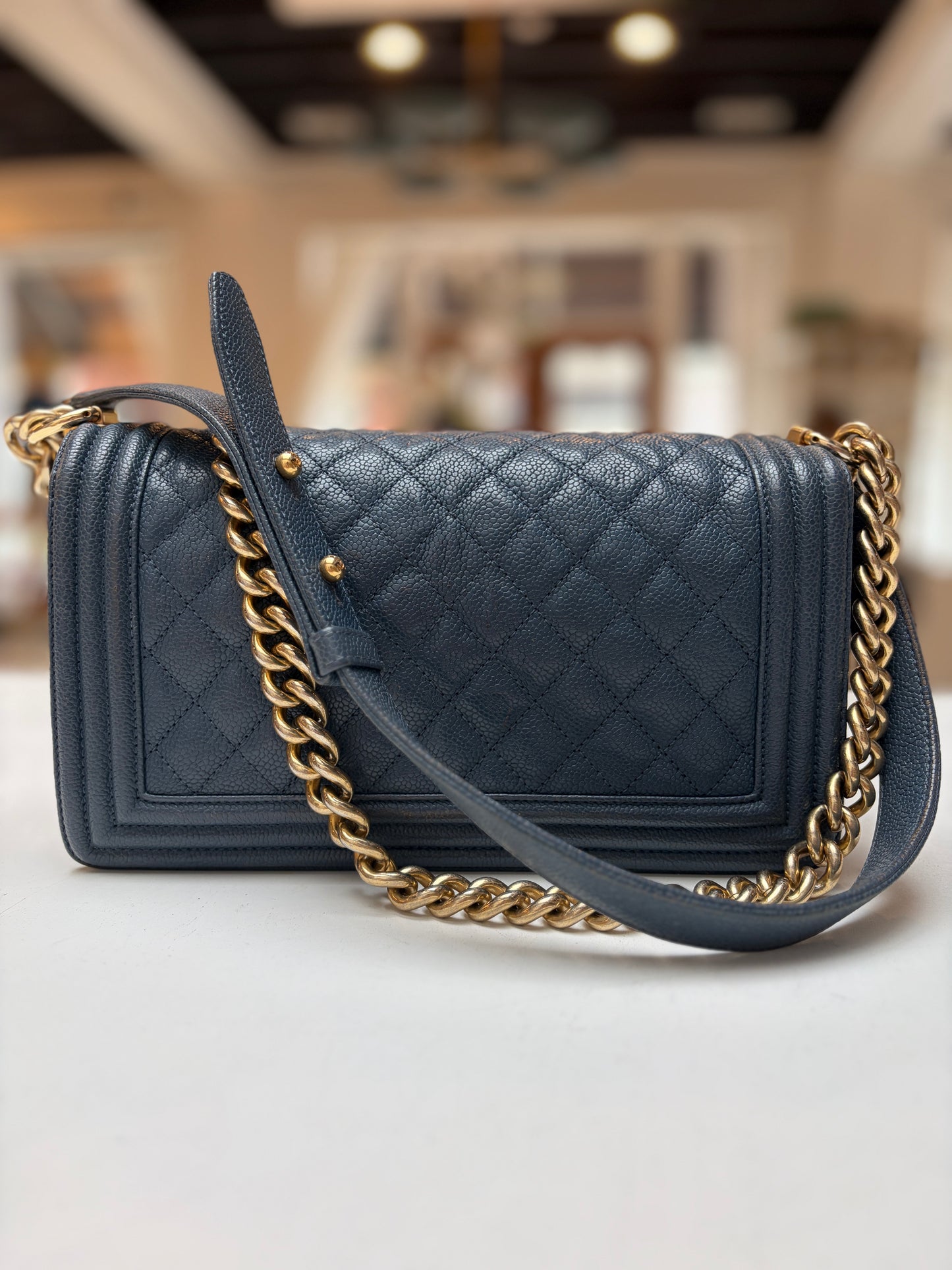 Chanel Blue Jean Caviar Leather Medium Boy Bag Gold Hardware