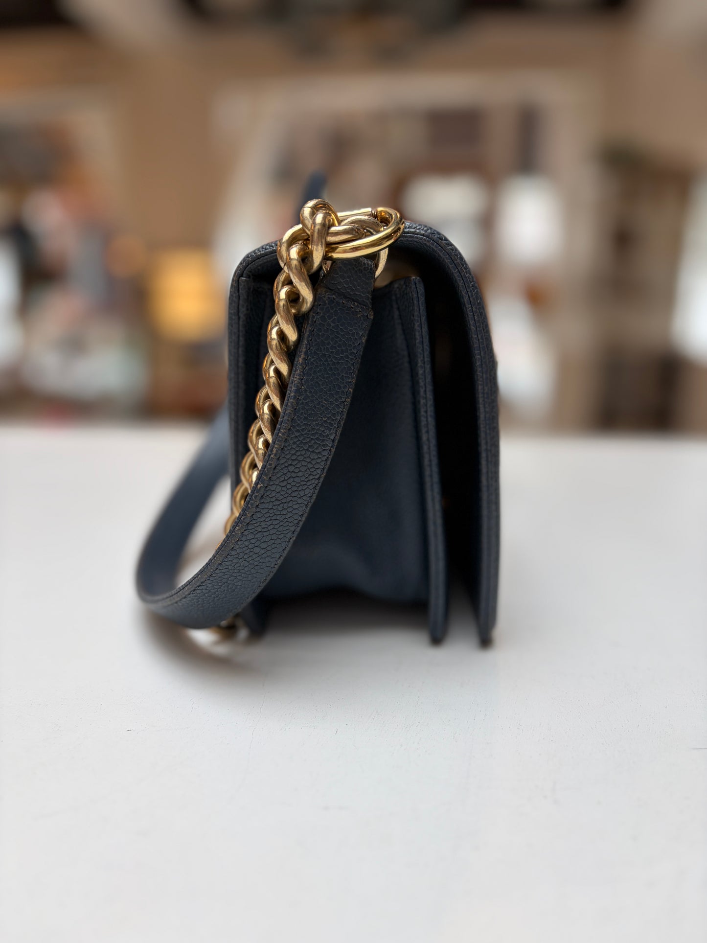Chanel Blue Jean Caviar Leather Medium Boy Bag Gold Hardware